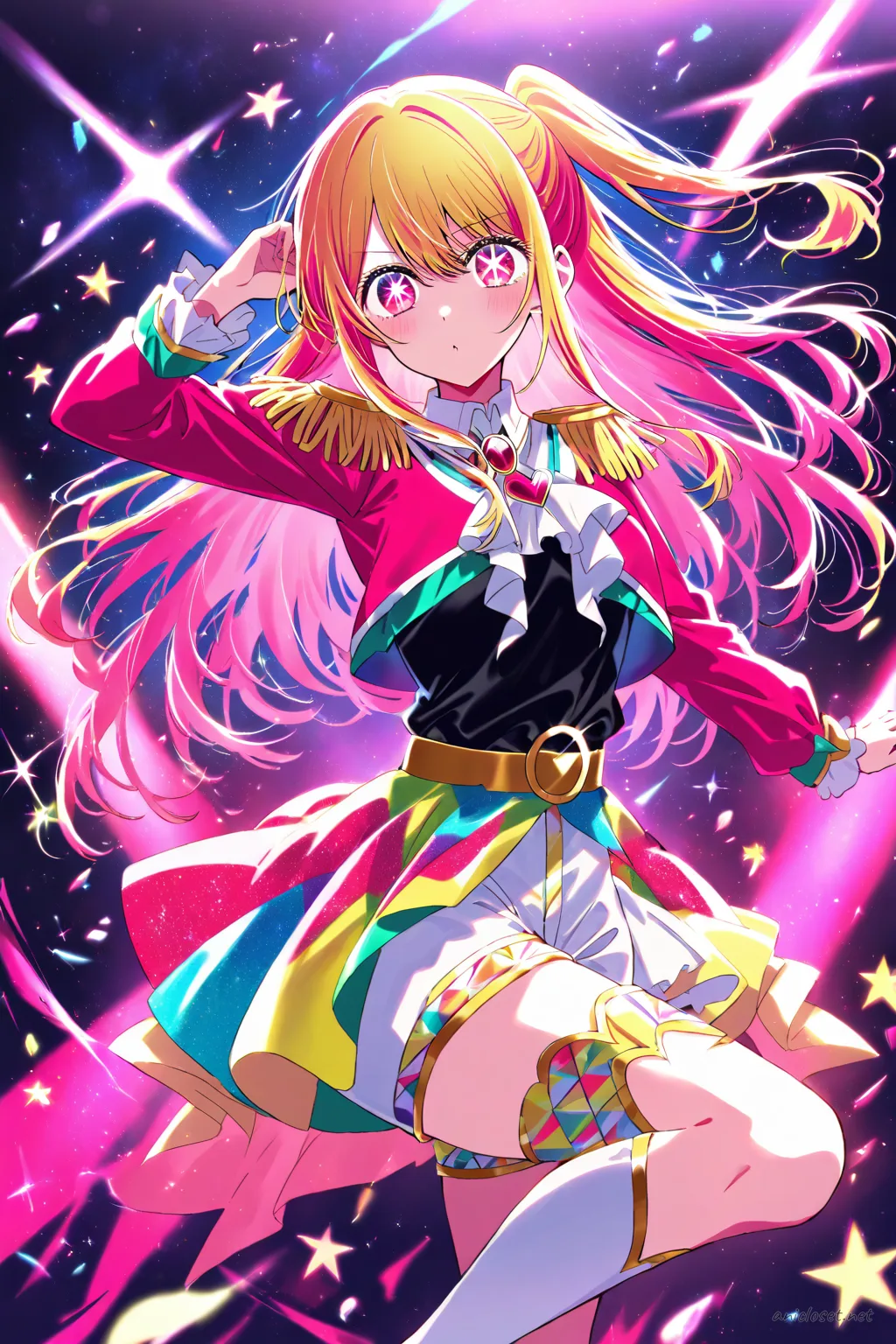 Illustration of Ruby Hoshino in a colorful idol jacket and high-waisted shorts, front cowboy shot
