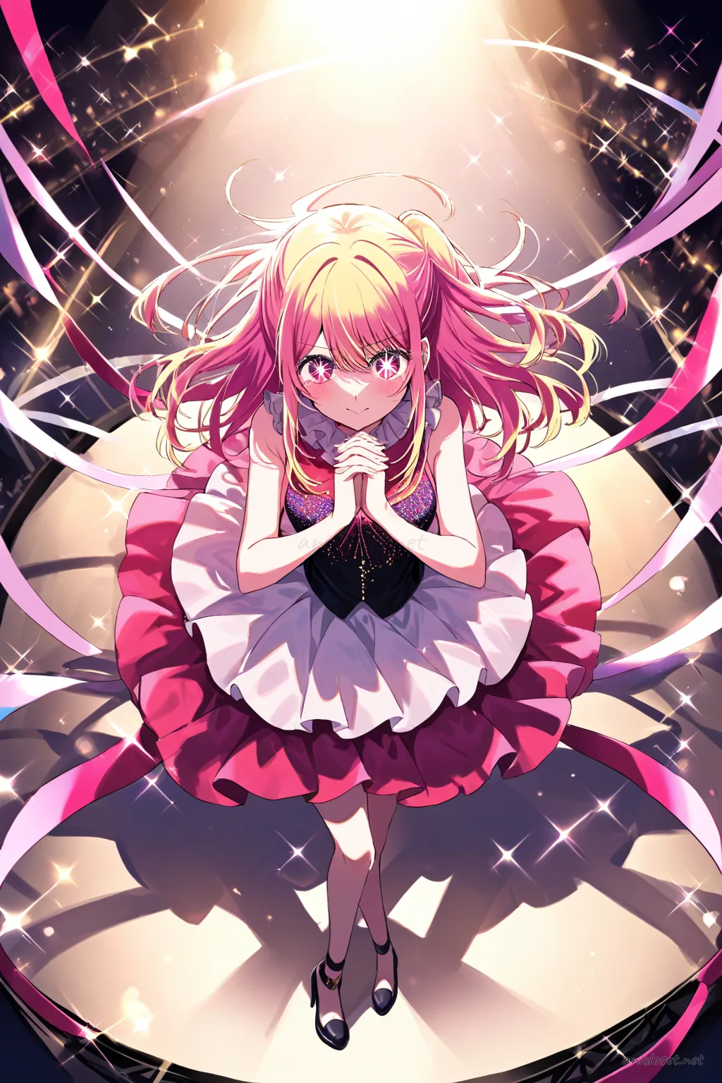 Ruby Hoshino wearing a simple idol mini dress with smooth bodice, clean short skirt, and single stage ribbon