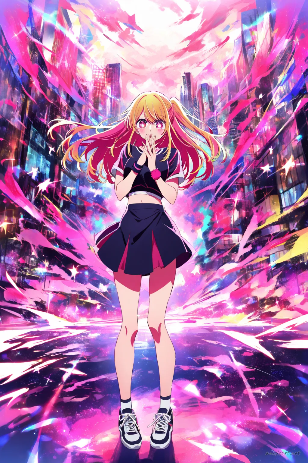 Full body front view illustration of Ruby Hoshino in a sleek sporty idol outfit with fitted crop top, simple skirt, sneakers, wristband, holding a microphone