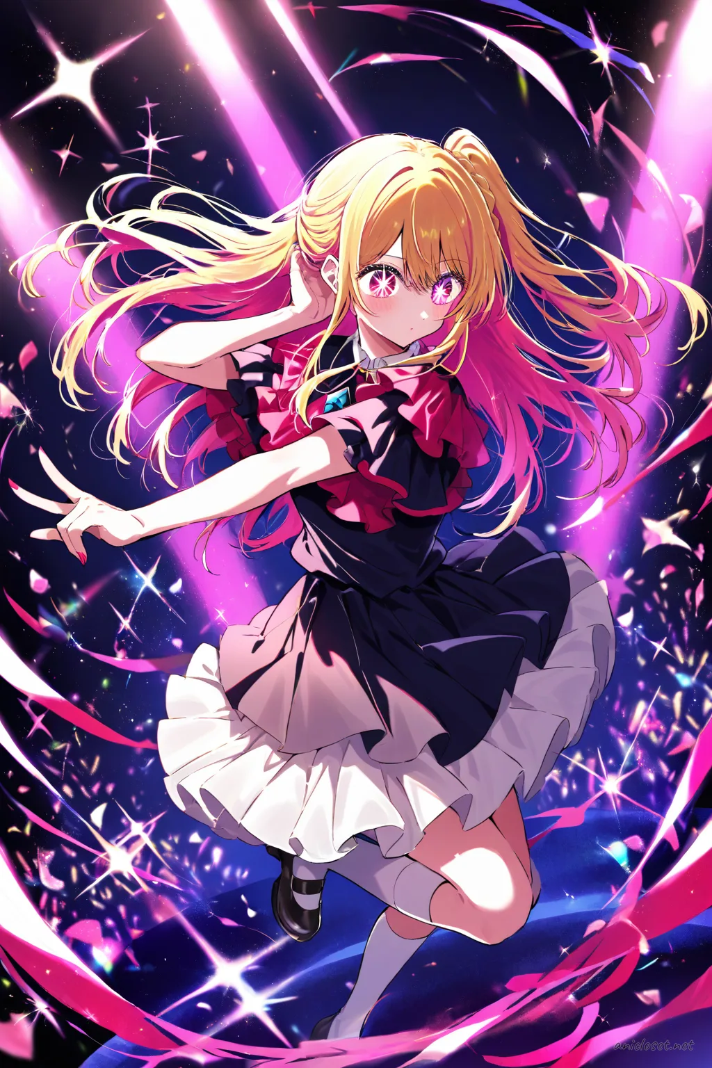 Illustration of Ruby Hoshino in pastel twin-ribbon idol costume with pleated skirt and pastel over-the-knee socks