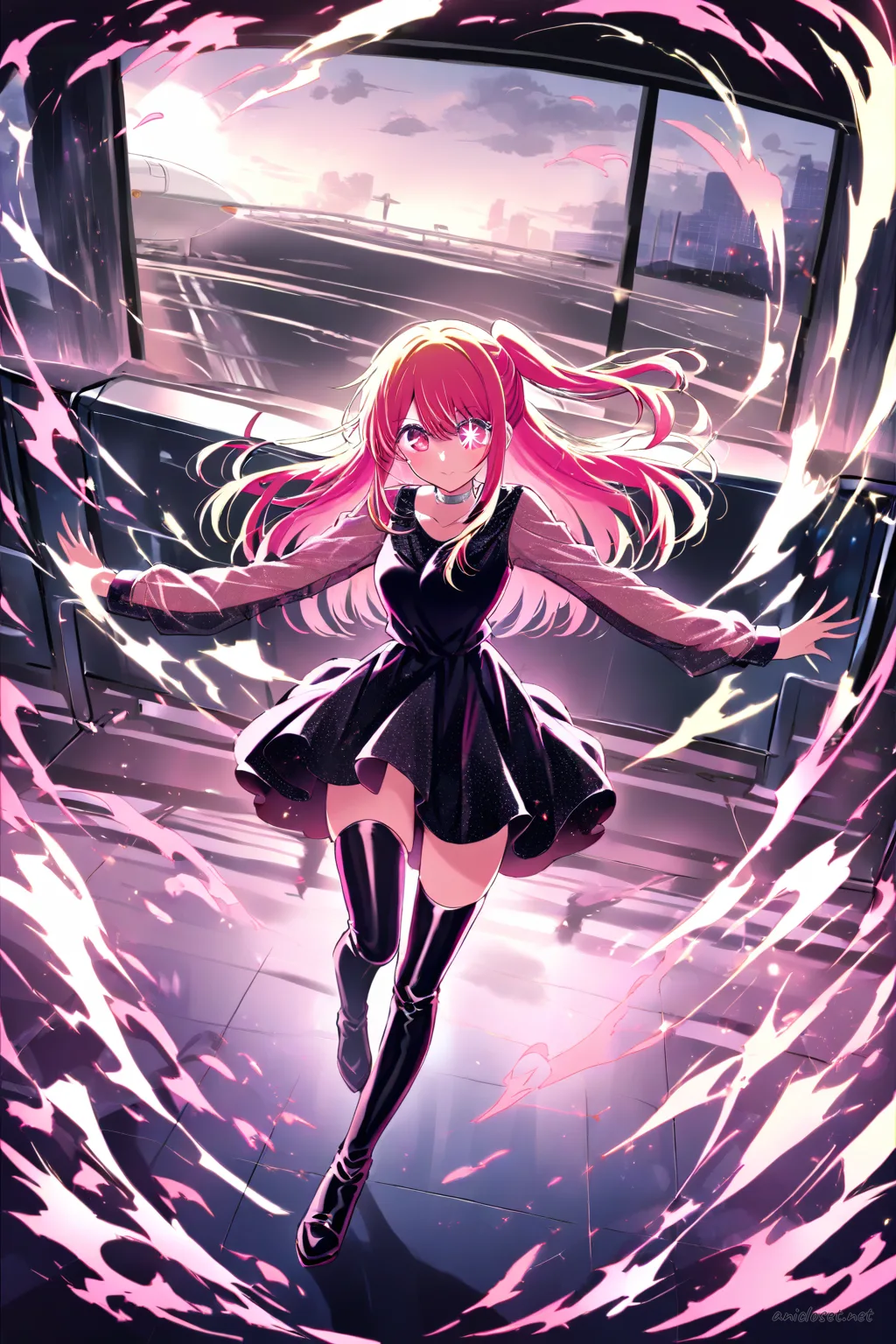 Knee-up half-body illustration of Ruby Hoshino wearing a black sequin crop top, high-waisted leather shorts, fishnet tights, thigh-high boots, fingerless gloves, and a choker under soft studio lighting
