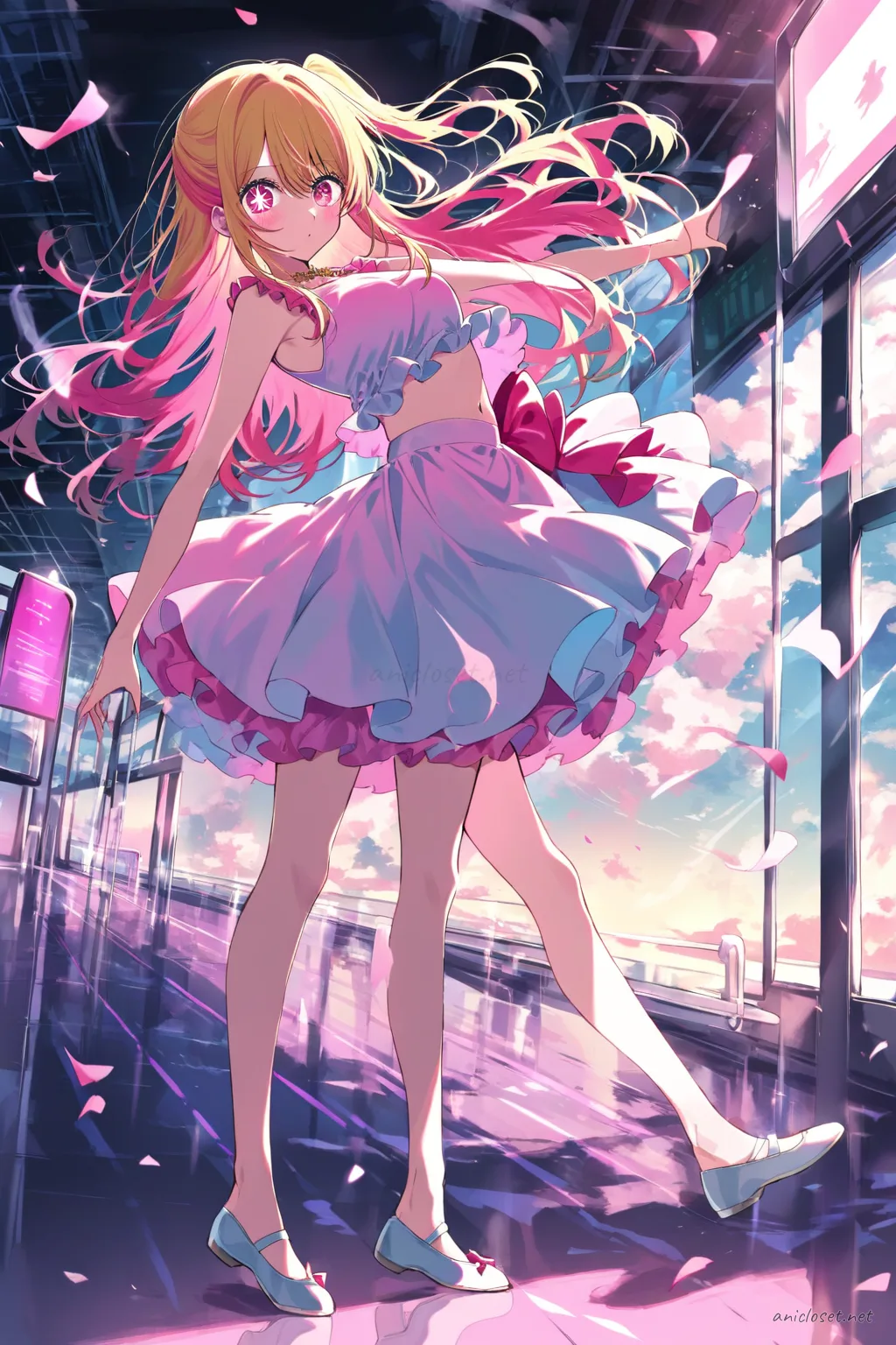 Illustration of Ruby Hoshino in a simple pastel sleeveless idol dress with a large bow at the waist and ballet flats