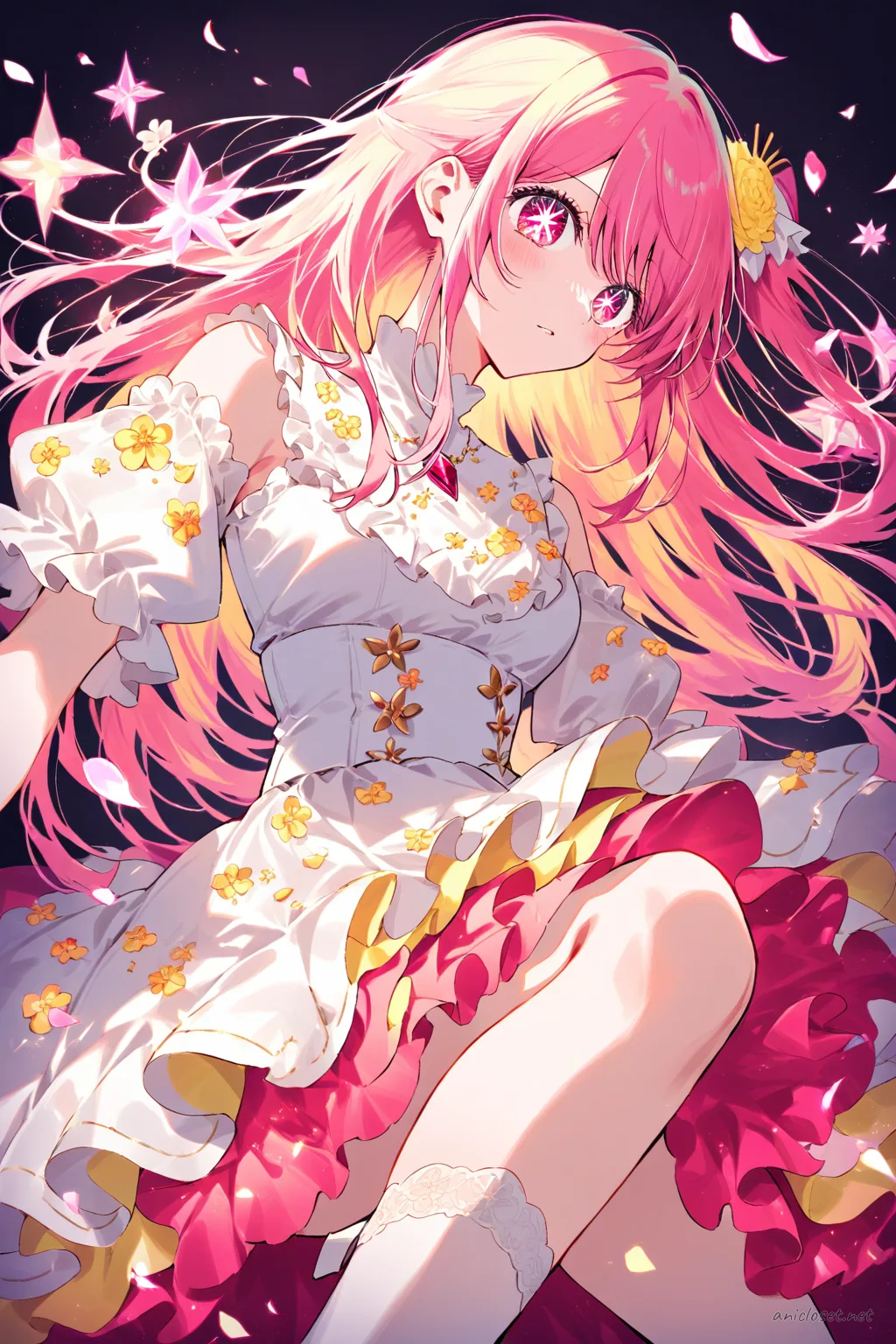 Illustration of Ruby Hoshino wearing a flower motif idol dress with layered petal skirt, puff sleeves, ribbon belt, and ankle strap heels in bright stage colors