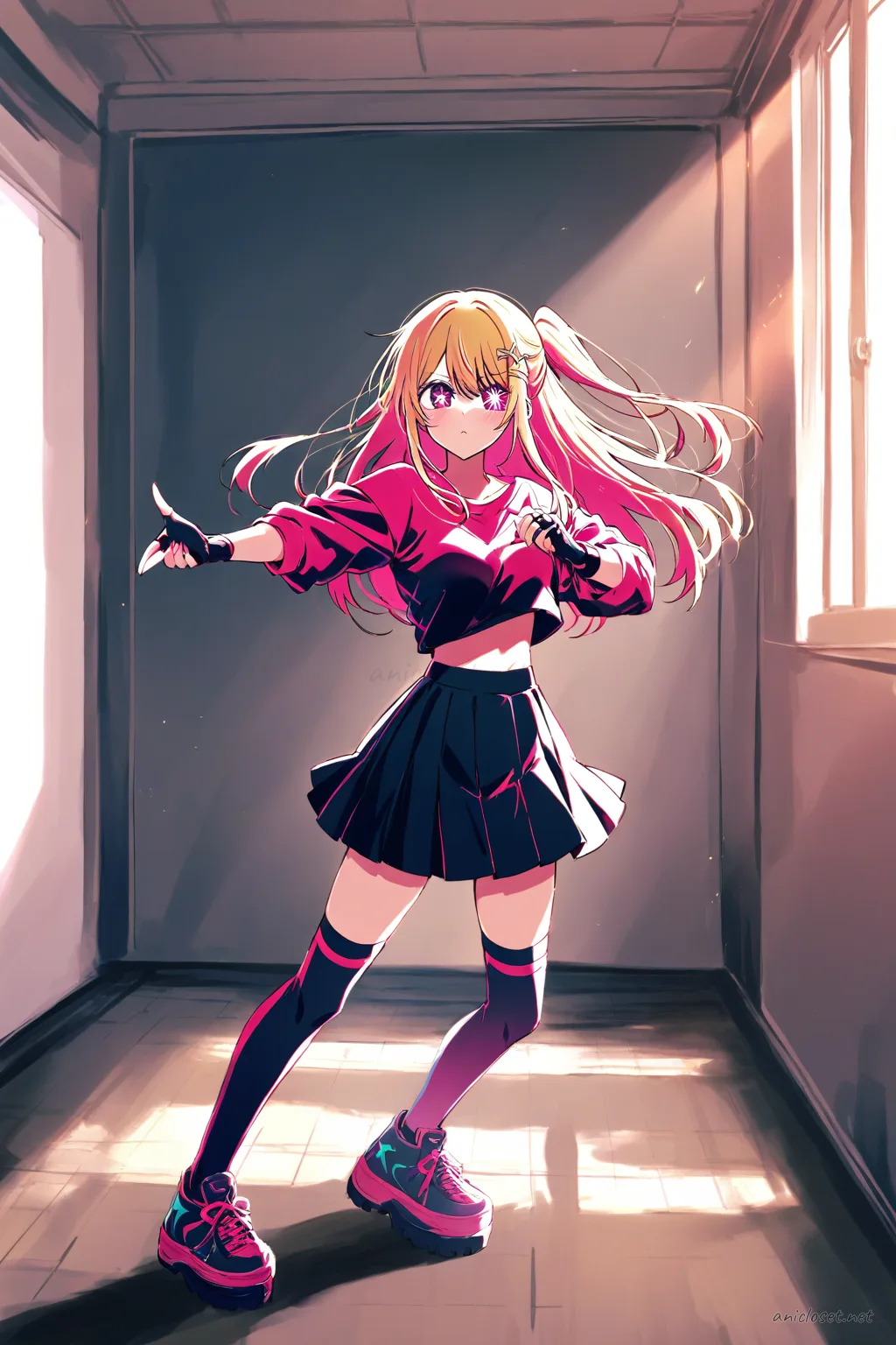 Illustration of Ruby Hoshino in a group-dance idol unit outfit with matching crop top, pleated mini skirt, thigh-high stockings, fingerless gloves, platform sneakers, and star-shaped hair clip