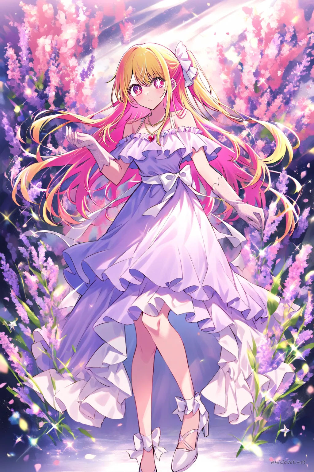 Illustration of Ruby Hoshino in pastel blue chiffon midi dress with puff sleeves and hair ribbons