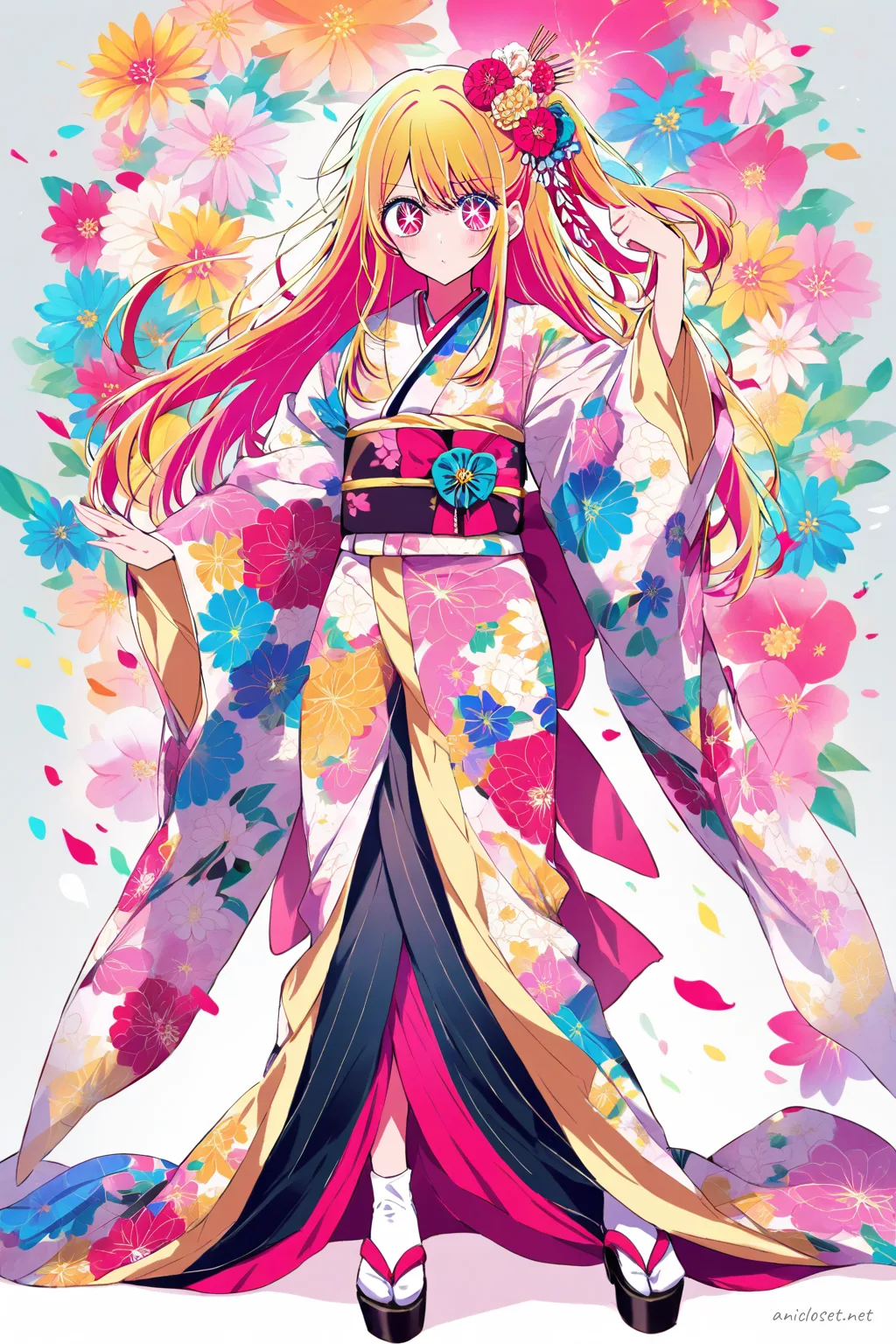 Illustration of Ruby Hoshino wearing a short modern kimono dress with bold floral print, high-contrast obi sash, lace tabi boots, and wide obi bow in a soft studio bloom setting
