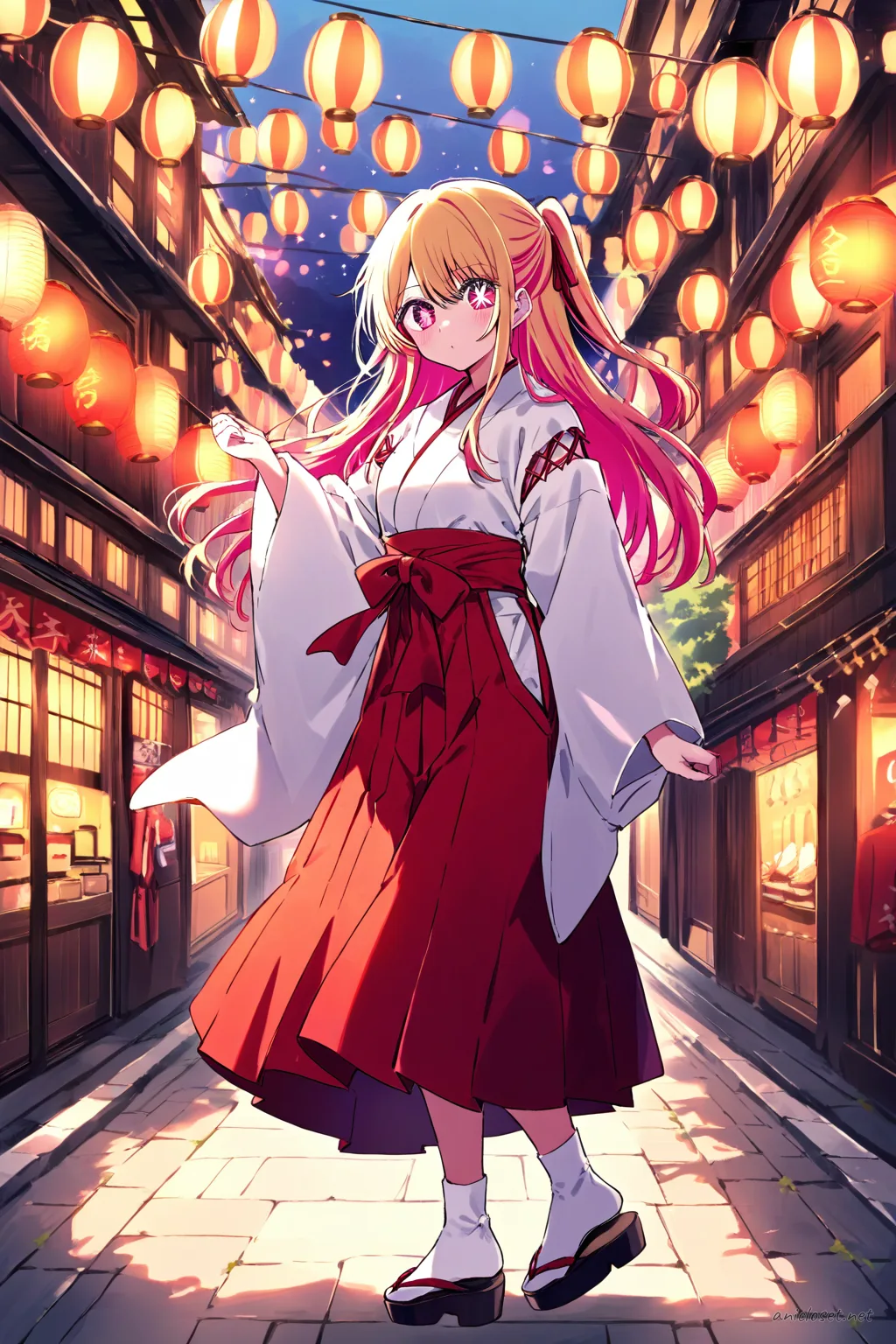 Illustration of Ruby Hoshino in a white kosode and red hakama skirt with plain red ribbon hair tie and minimal accessories