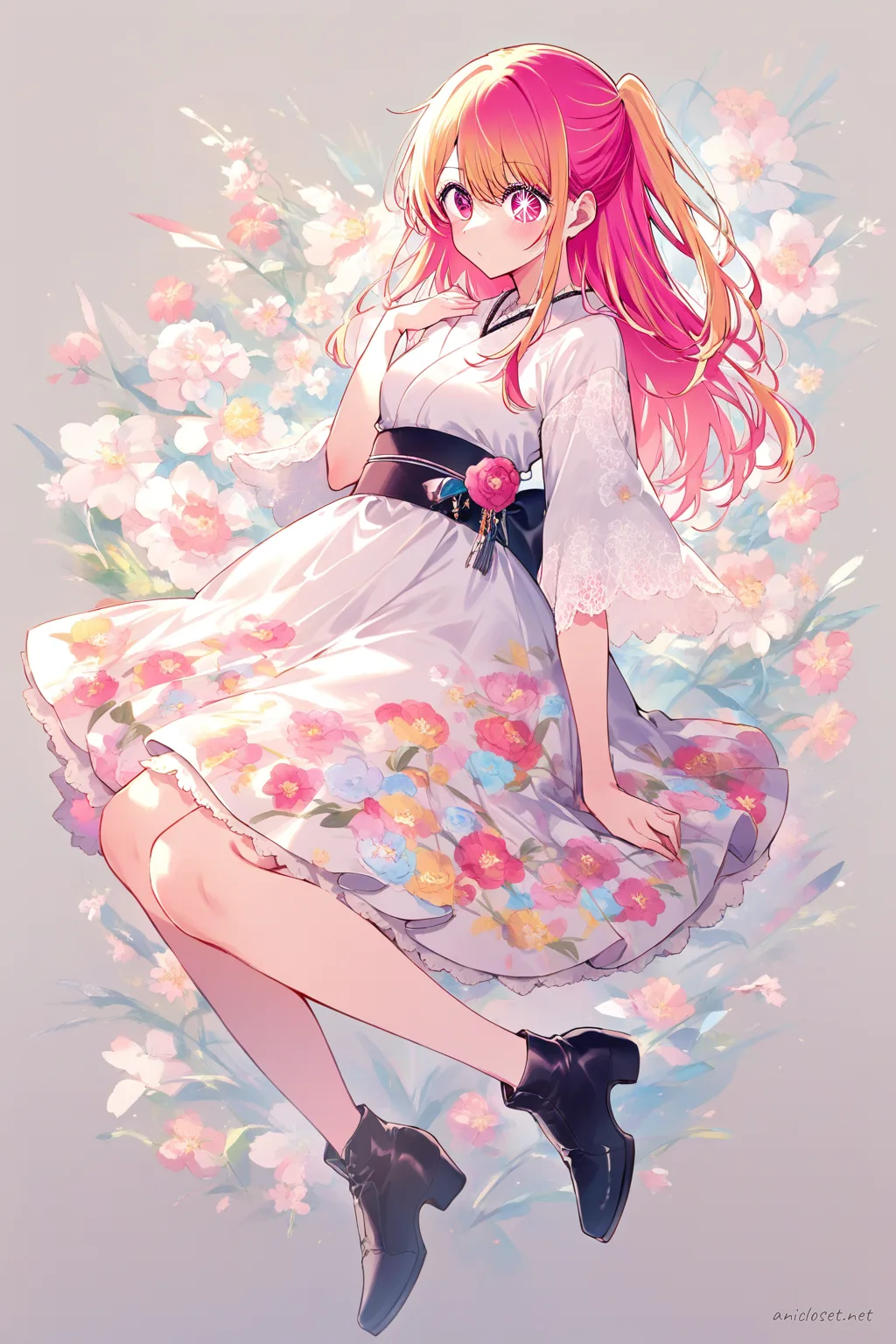 Illustration of Ruby Hoshino wearing a pastel pink kimono dress with soft floral patterns, simplified obi belt, and ankle boots
