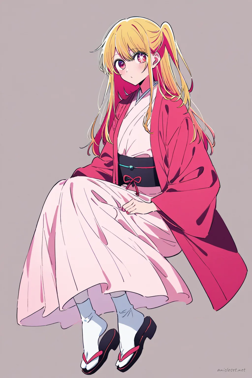 Illustration of Ruby Hoshino wearing a simple winter kimono with straight haori and minimal accessories, knee-up half-body view under soft studio lighting