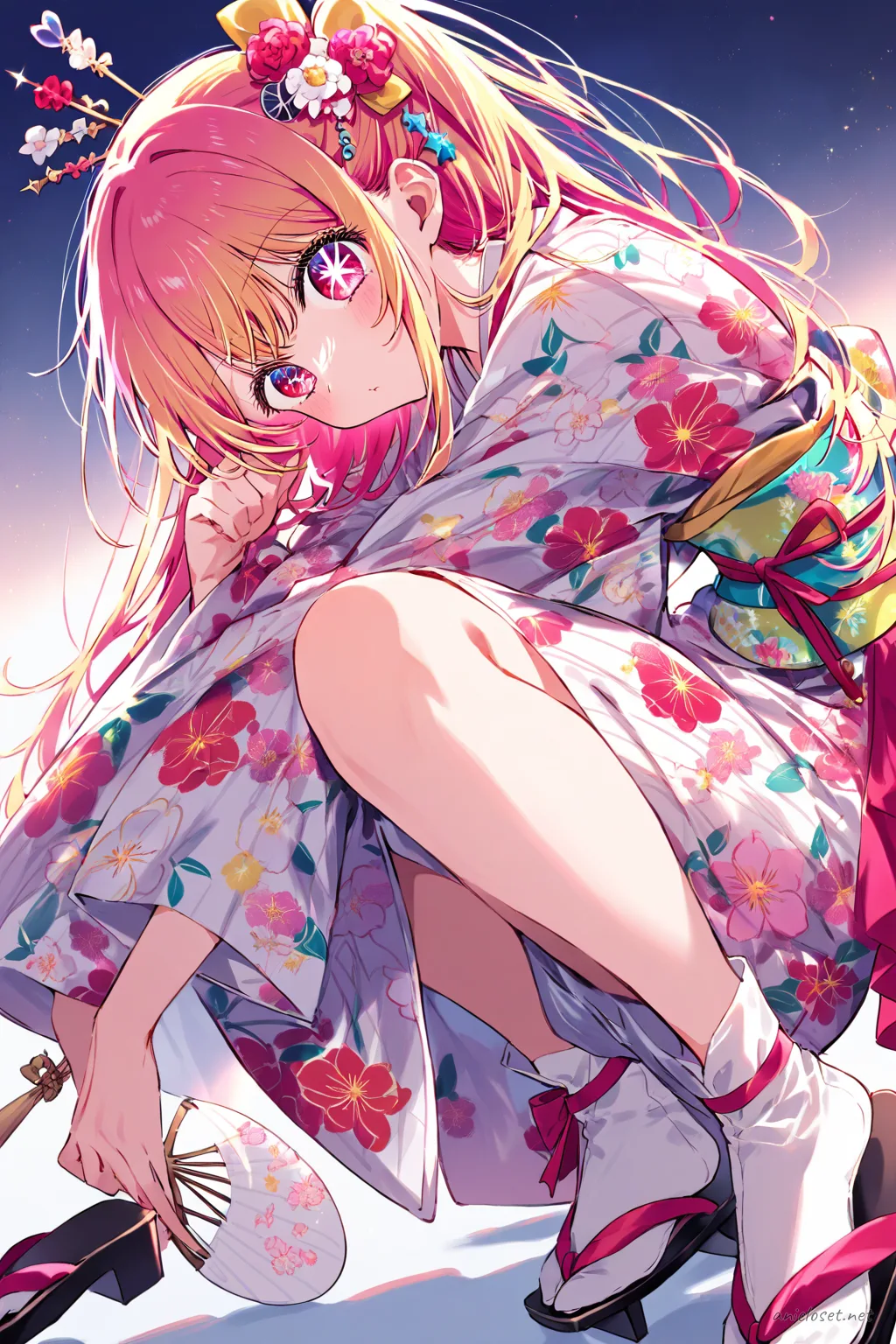 Knee-up illustration of Ruby Hoshino wearing a bright floral yukata with obi sash, holding a uchiwa fan, and adorned with a festival hairpin under soft studio lighting
