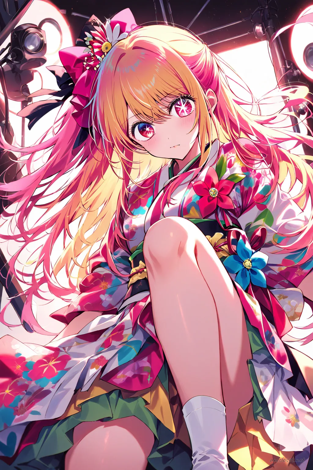 Illustration of Ruby Hoshino wearing a colorful graduation hakama over a floral pattern kimono with a wide obi belt, white tabi socks, zori sandals, and a flower corsage