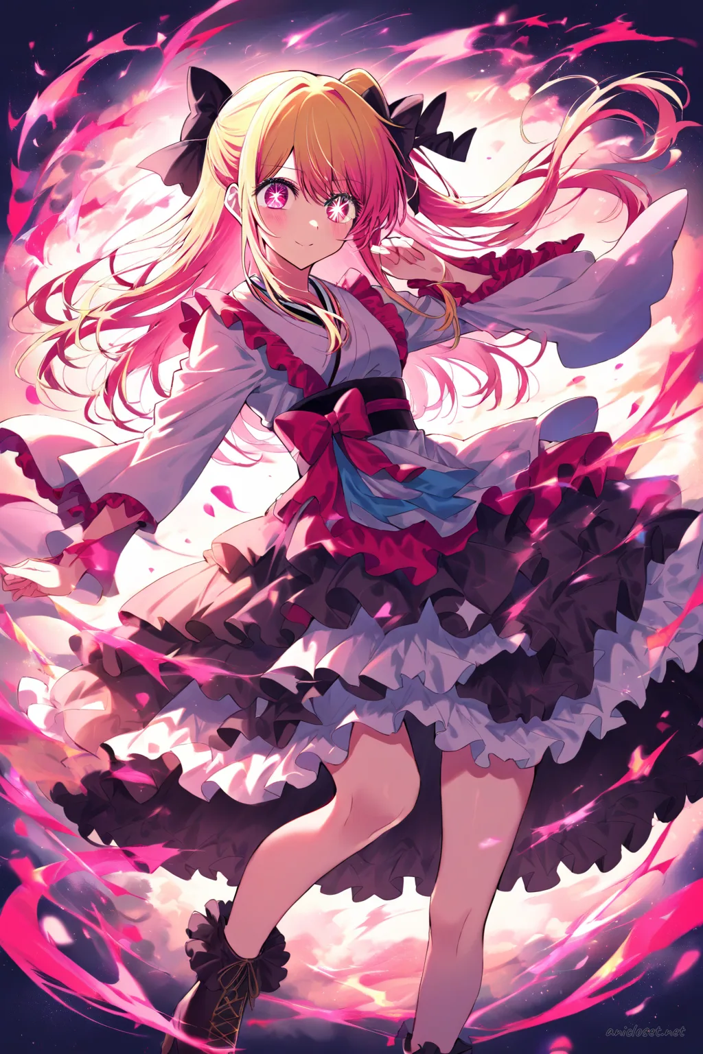 Full body illustration of Ruby Hoshino in a modern wa-Lolita hybrid kimono with frilly petticoat skirt, standing with zori sandals and tabi socks