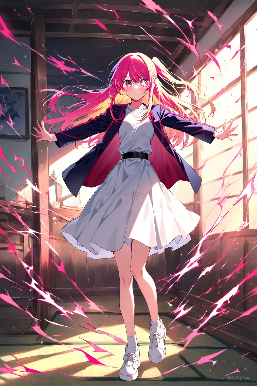 Illustration of Ruby Hoshino in a simple street kimono jacket over a plain white tee and straight skirt, viewed from the front at cowboy shot