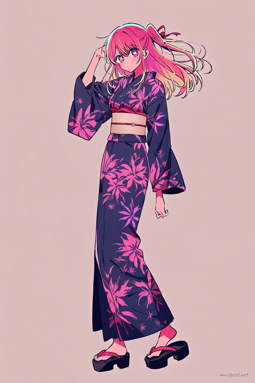 Knee-up half-body illustration of Ruby Hoshino wearing a dark yukata with subtle lantern print, clean silhouette, soft studio lighting