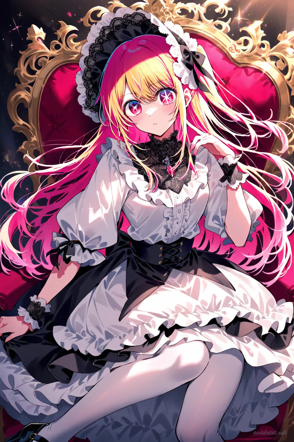 Full-body three-quarter view of Ruby Hoshino wearing a gothic black bell-shaped Lolita dress with lace collar and bonnet, black opaque tights, and black platform Mary Jane shoes