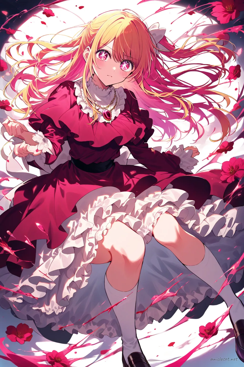 Full-body three-quarter view of Ruby Hoshino wearing a classic burgundy floral Lolita dress with high-neck blouse, cameo brooch, and tea-length petticoat skirt