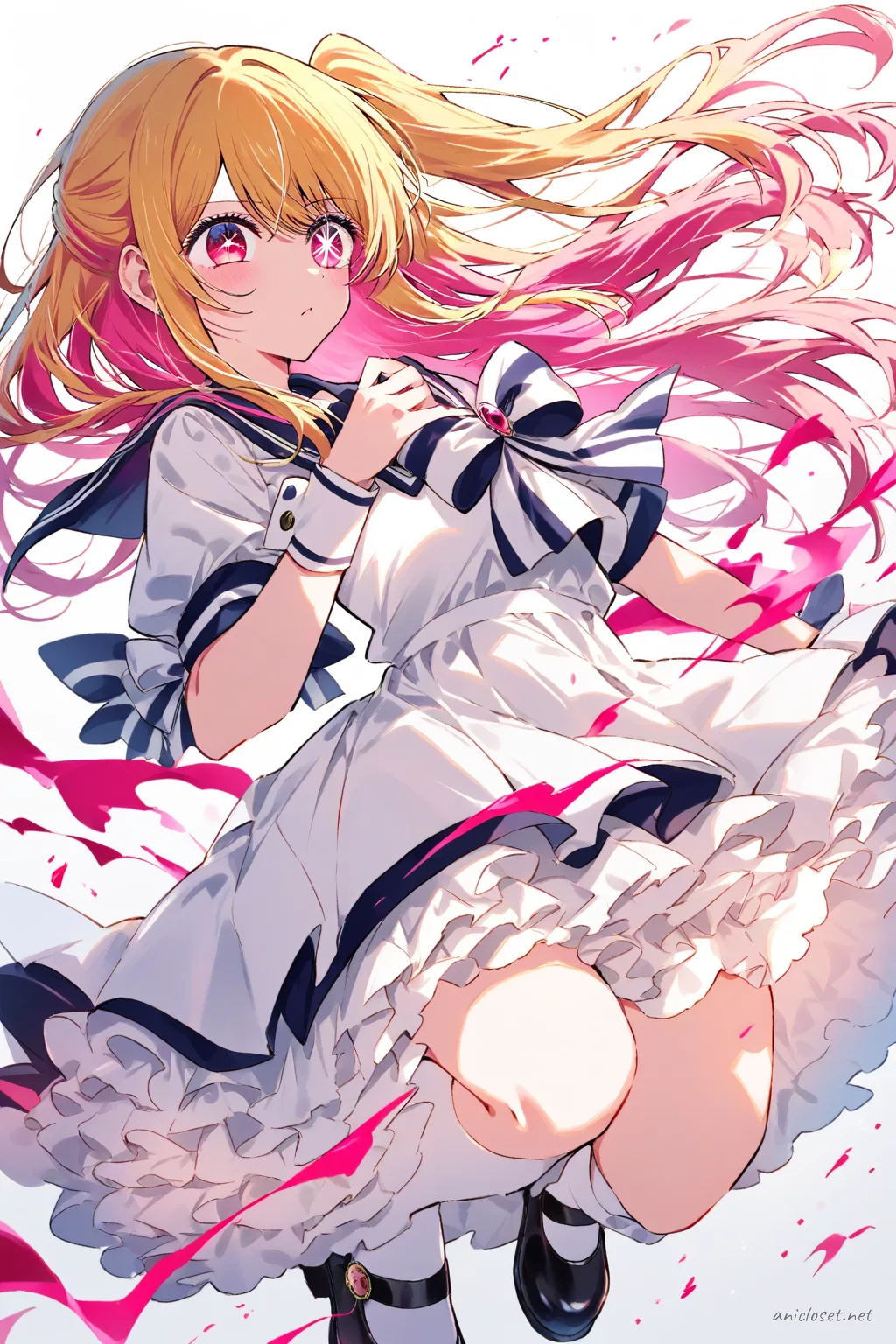 Ruby Hoshino wearing navy sailor collar Lolita dress with striped bow and pleated bell skirt, knee socks, and Mary Jane shoes in soft lighting