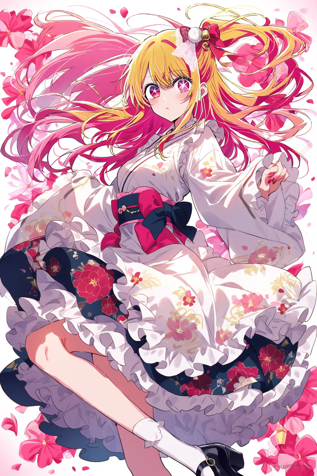 Ruby Hoshino wearing a wa-Lolita dress with kimono sleeves and floral petticoat skirt, featuring an obi bow and lace hair ornament in soft studio lighting
