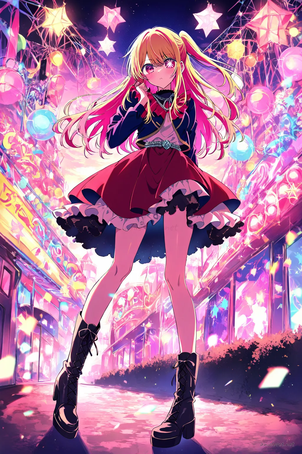 Full body illustration of Ruby Hoshino in punk Lolita outfit with tartan skirt, black cropped jacket, silver chain belt, white blouse, and black lace-up platform boots