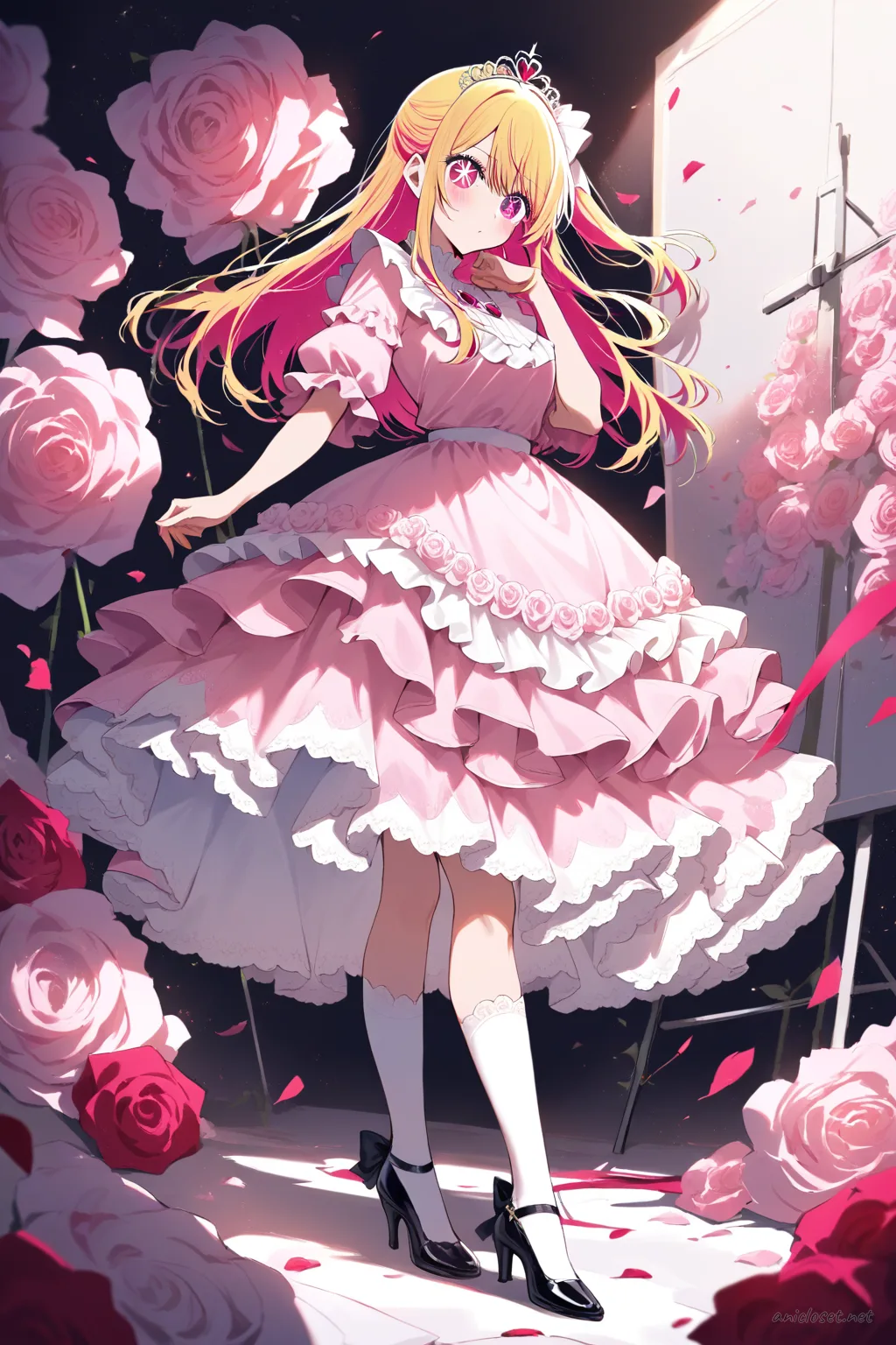 Ruby Hoshino wearing a rose-pink hime Lolita princess dress with pearl trim, tiara comb, and bow heels in a knee-up studio shot