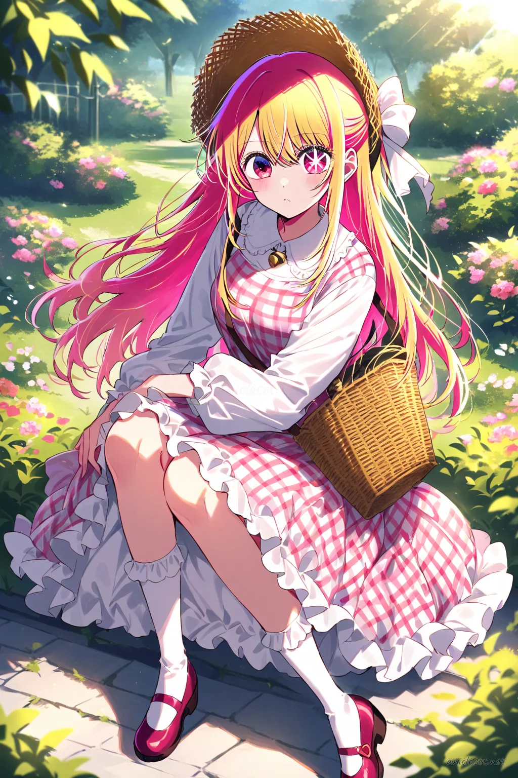 Full-body illustration of Ruby Hoshino seated wearing a country Lolita gingham dress with lace apron, straw bonnet, basket bag, and mary janes in a garden