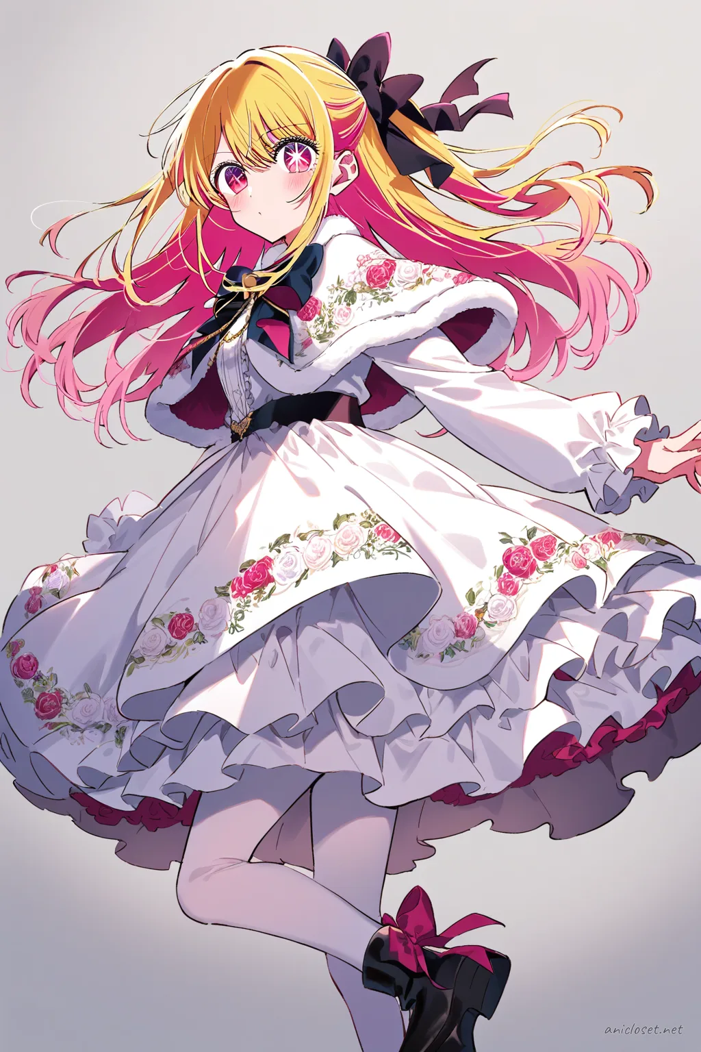 Full-body three-quarter view of Ruby Hoshino in a winter Lolita coat dress with faux-fur capelet, velvet bow, warm tights, and lace-trimmed ankle boots on a clean studio background