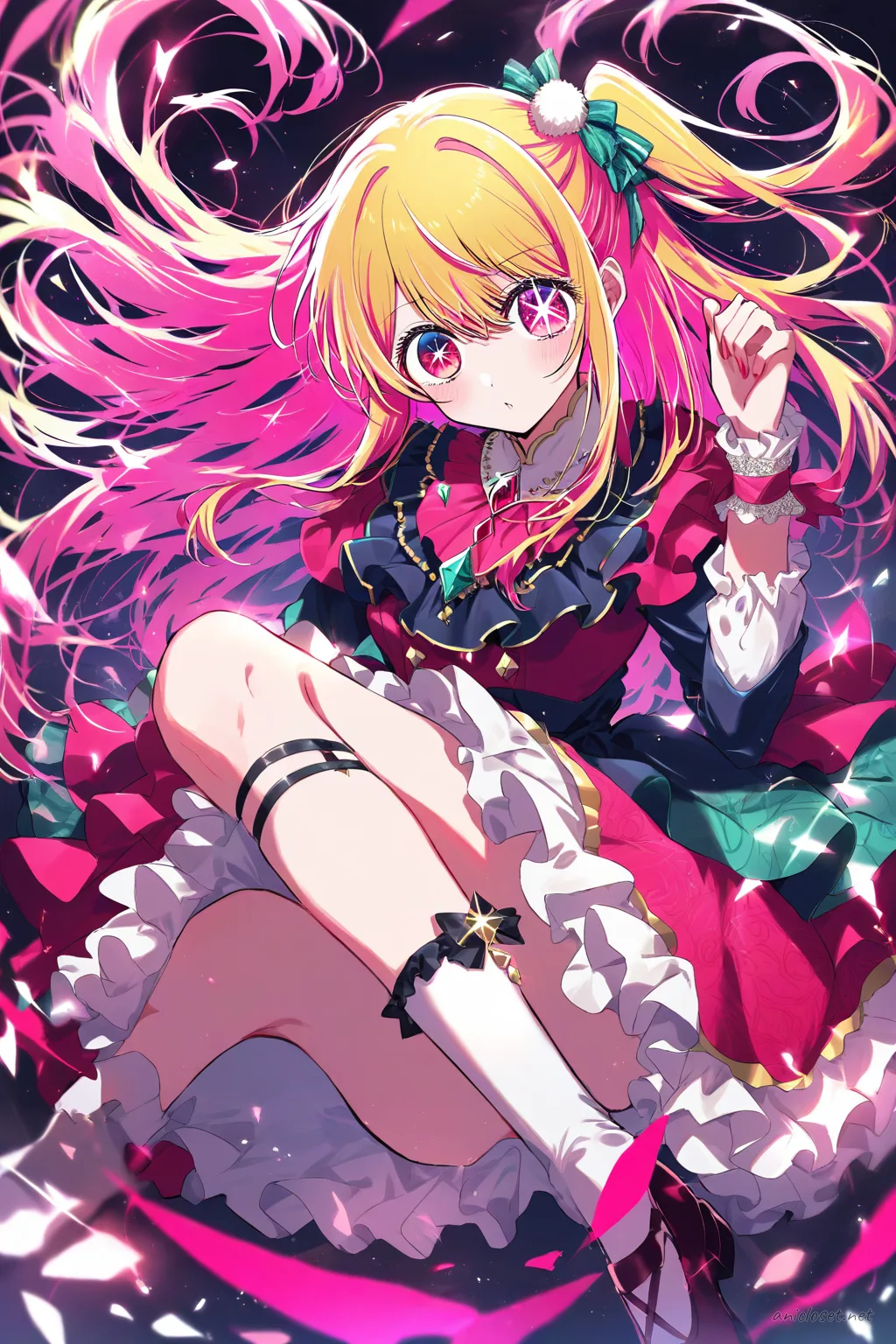 Full-body illustration of Ruby Hoshino in a Lolita dress with mandarin collar, brocade bell skirt, frog buttons, and jade ribbon accents, standing in a clean studio backdrop with visible shoes