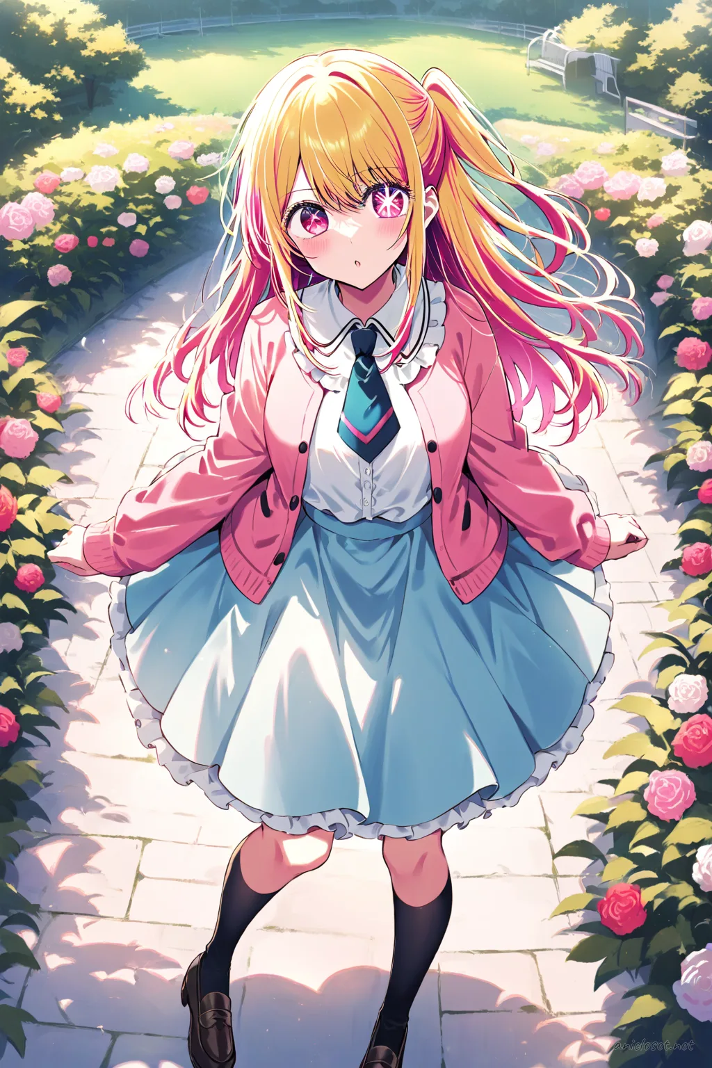Full-body three-quarter view of Ruby Hoshino wearing a pastel pink cardigan over a navy blue jumper skirt, white peter pan collar blouse with small bow necktie, black knee socks, and black loafers in an outdoor garden setting
