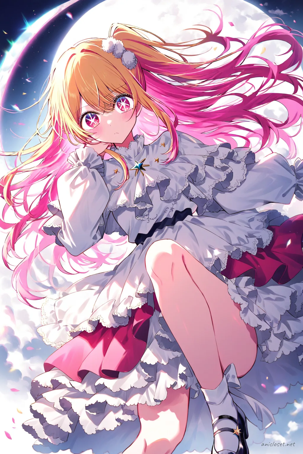 Full-body front view of Ruby Hoshino in a navy celestial Lolita dress with star embroidery, layered tulle skirt, moon brooch, and silver shoes