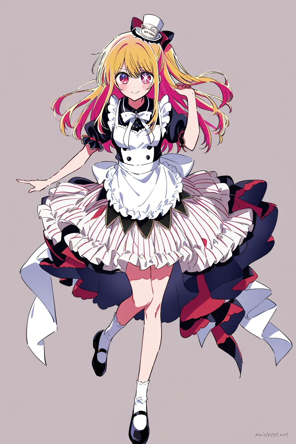 Full-body three-quarter view of Ruby Hoshino in a knee-length maid dress with puff sleeves, ribbon apron, peter pan collar, and mary janes