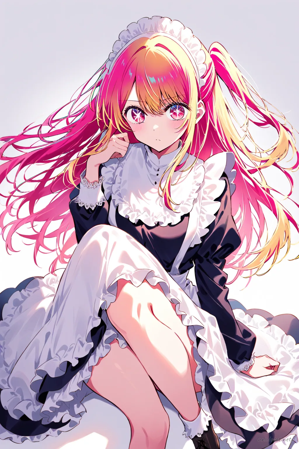 Full-body illustration of Ruby Hoshino in short black cafe maid dress with heart-pocket apron, puff sleeves, frilled headdress, sheer tights, and mary janes holding dessert tray