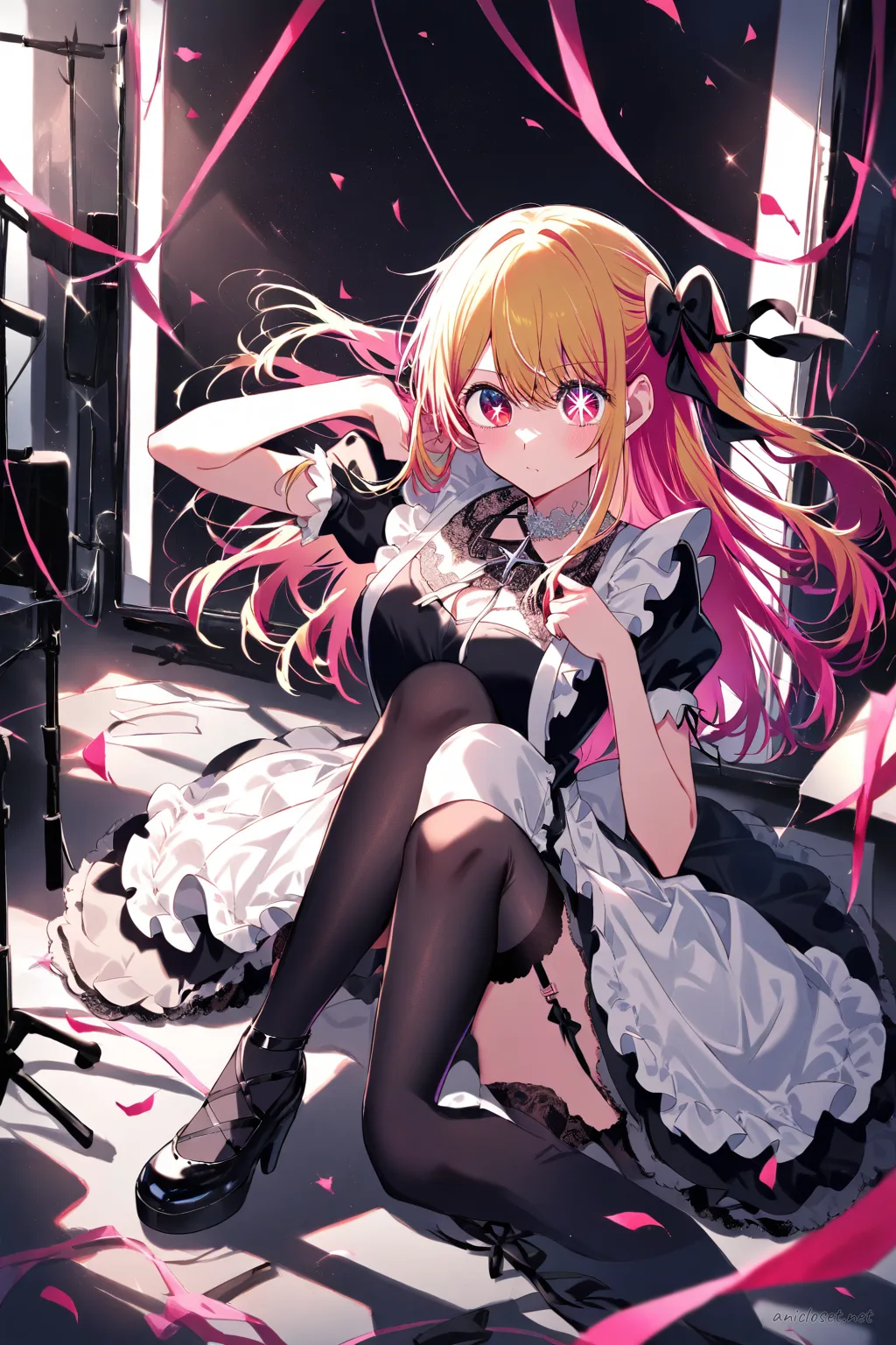 Ruby Hoshino wearing a gothic black lace maid dress with layered knee-length skirt, cross-tie ribbon, white apron, and black platform shoes