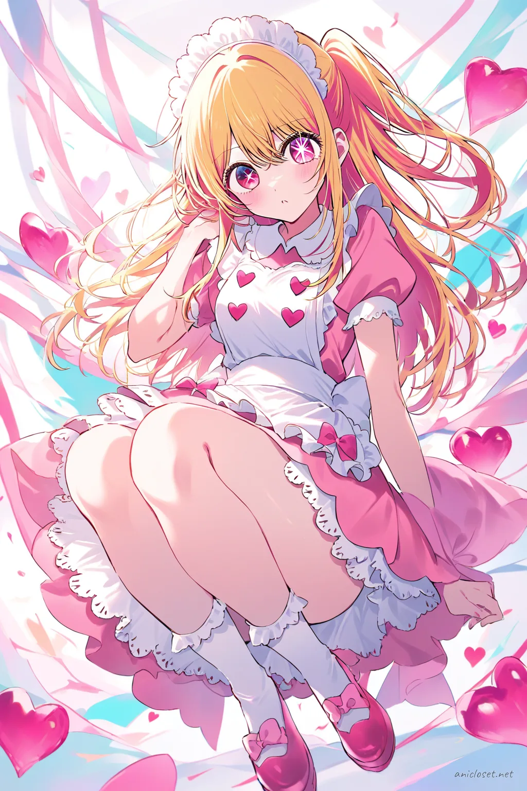 Full-body three-quarter view of Ruby Hoshino wearing pastel pink dessert-cafe maid dress with scalloped apron, heart buttons, puff sleeves, peter pan collar, knee-length skirt, white lace trim, and pastel pink bow shoes