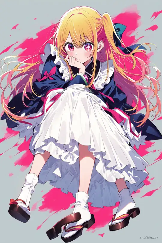 Full body illustration of Ruby Hoshino in maid outfit with kimono sleeves, hakama-inspired skirt, white apron, ribbon obi, tabi socks, and zori sandals, standing with shoes visible
