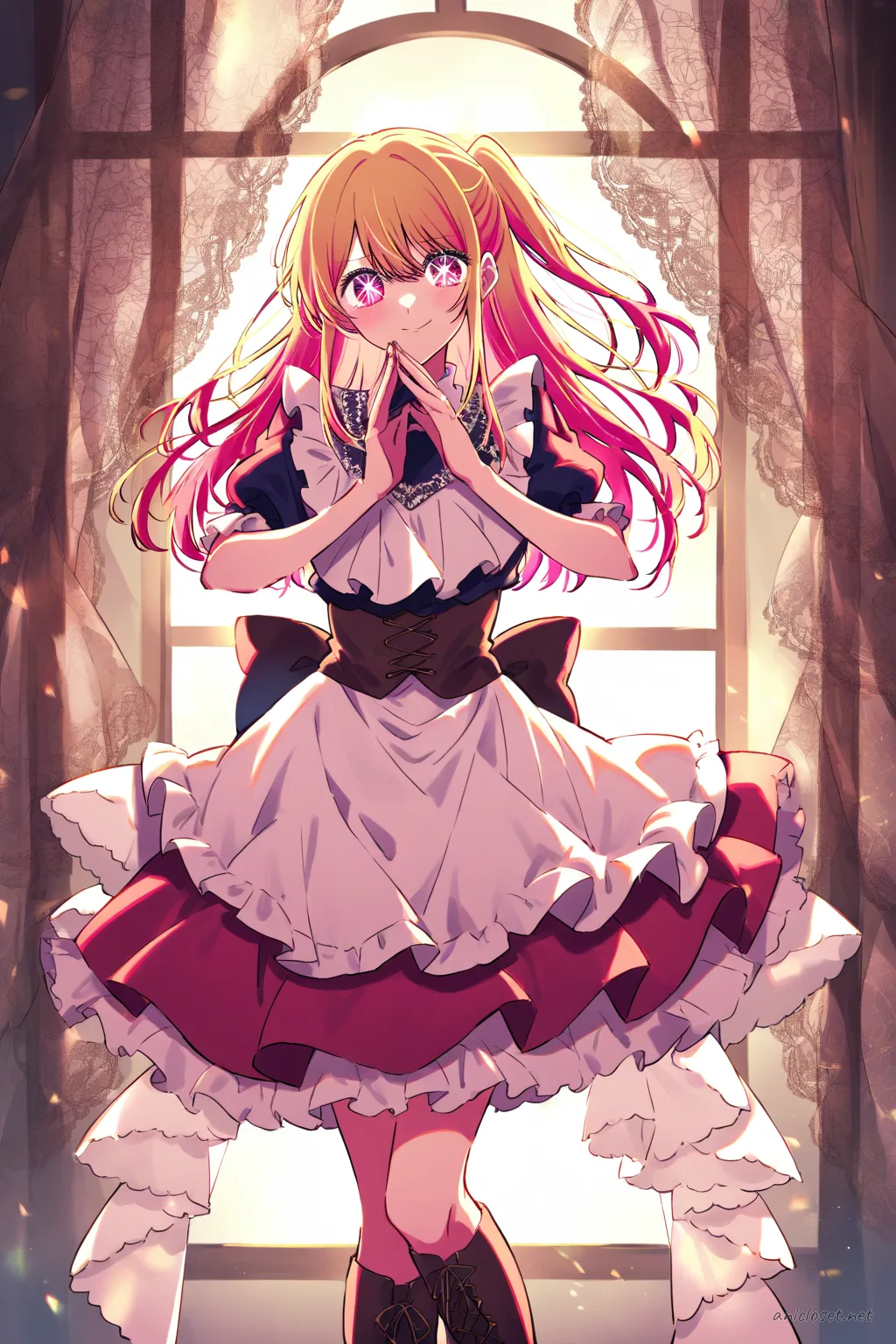 Full body illustration of Ruby Hoshino in a steampunk maid uniform with brown corset vest, layered skirt, white utility apron, and lace-up boots, standing