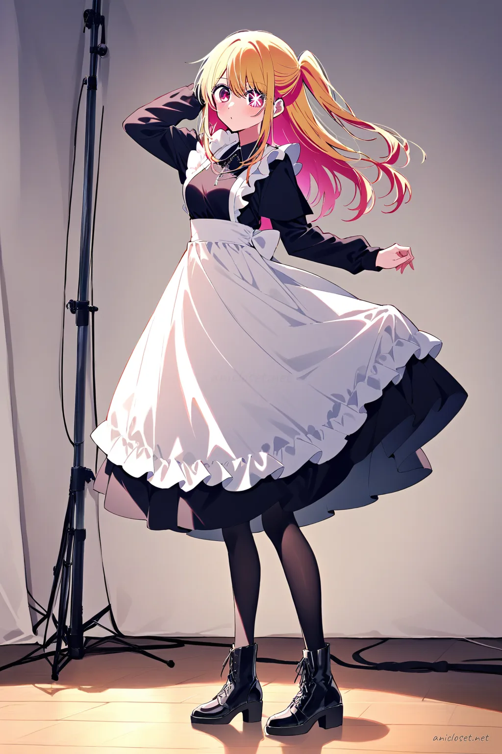 Full-body three-quarter view of Ruby Hoshino in winter maid outfit with velvet long sleeves, warm apron, capelet, opaque tights, and ankle boots