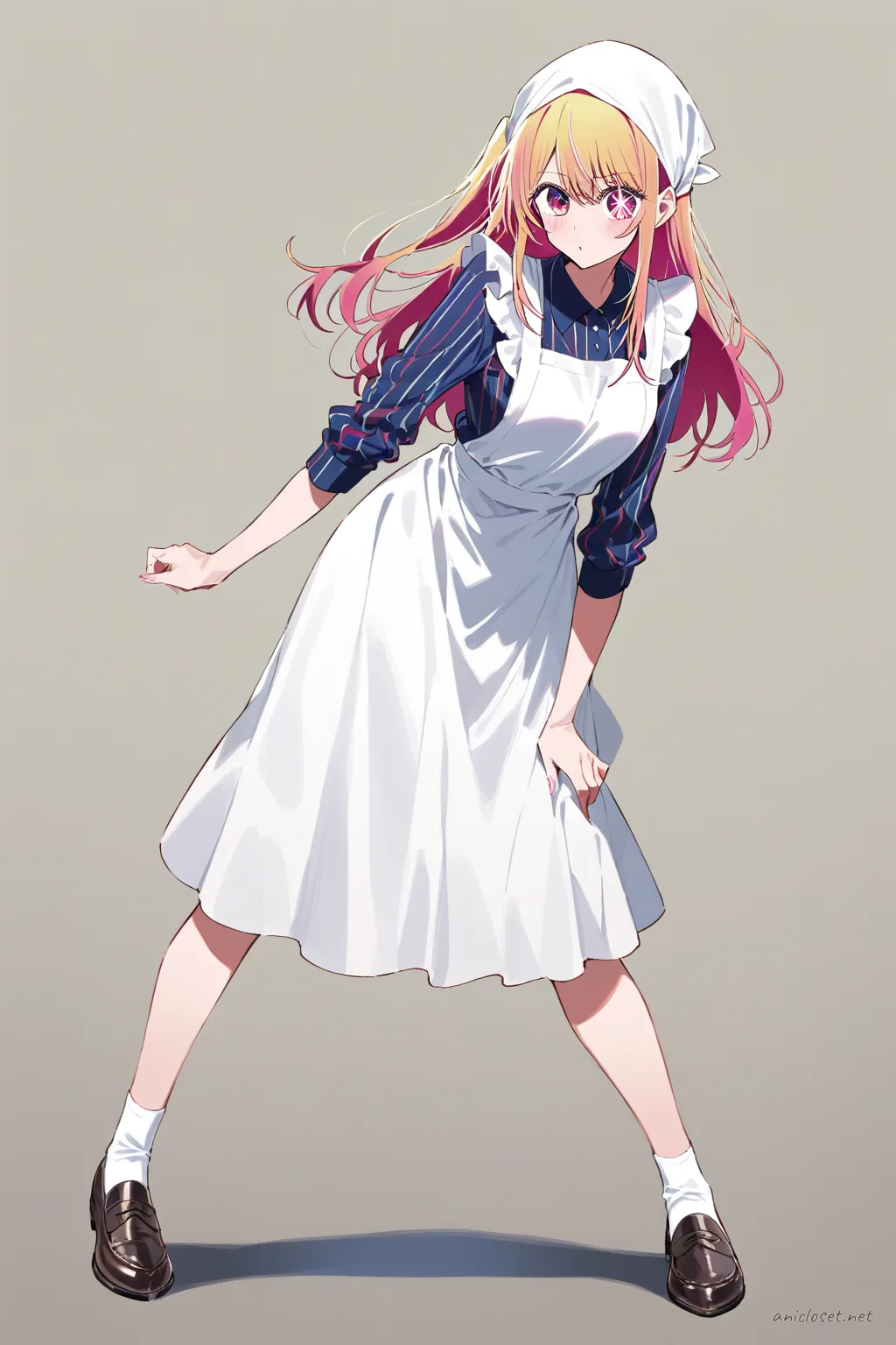 Illustration of Ruby Hoshino wearing a bakery maid uniform with striped blouse, full apron, midi skirt, kerchief, and loafers