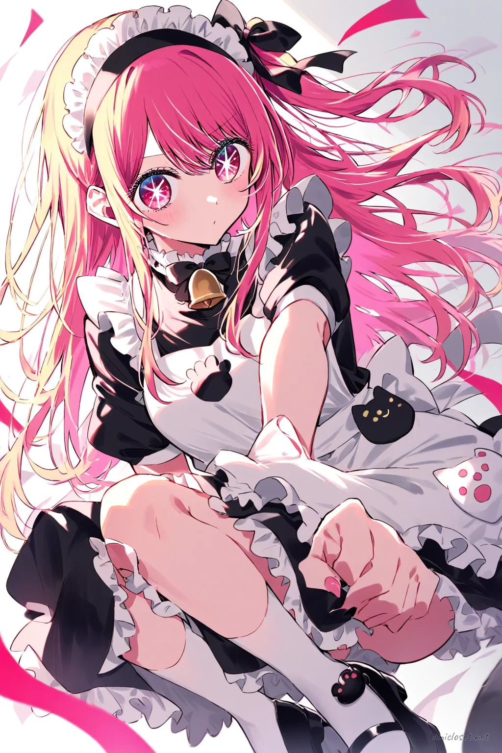 Illustration of Ruby Hoshino wearing a black cat-motif maid dress with white apron featuring paw-print pockets, bell ribbon choker, puff sleeves, white lace trim, knee-high socks, and black mary janes