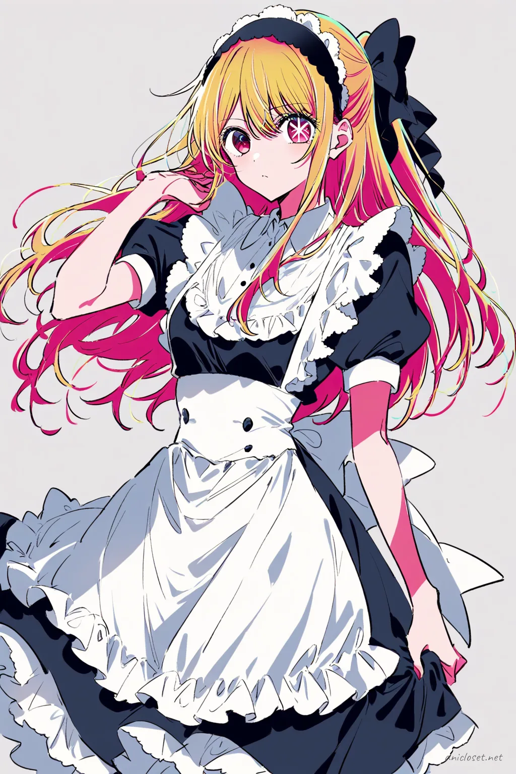 Illustration of Ruby Hoshino wearing a tailored black maid dress with white apron panel, short puff sleeves, knee-length skirt, and low black heels