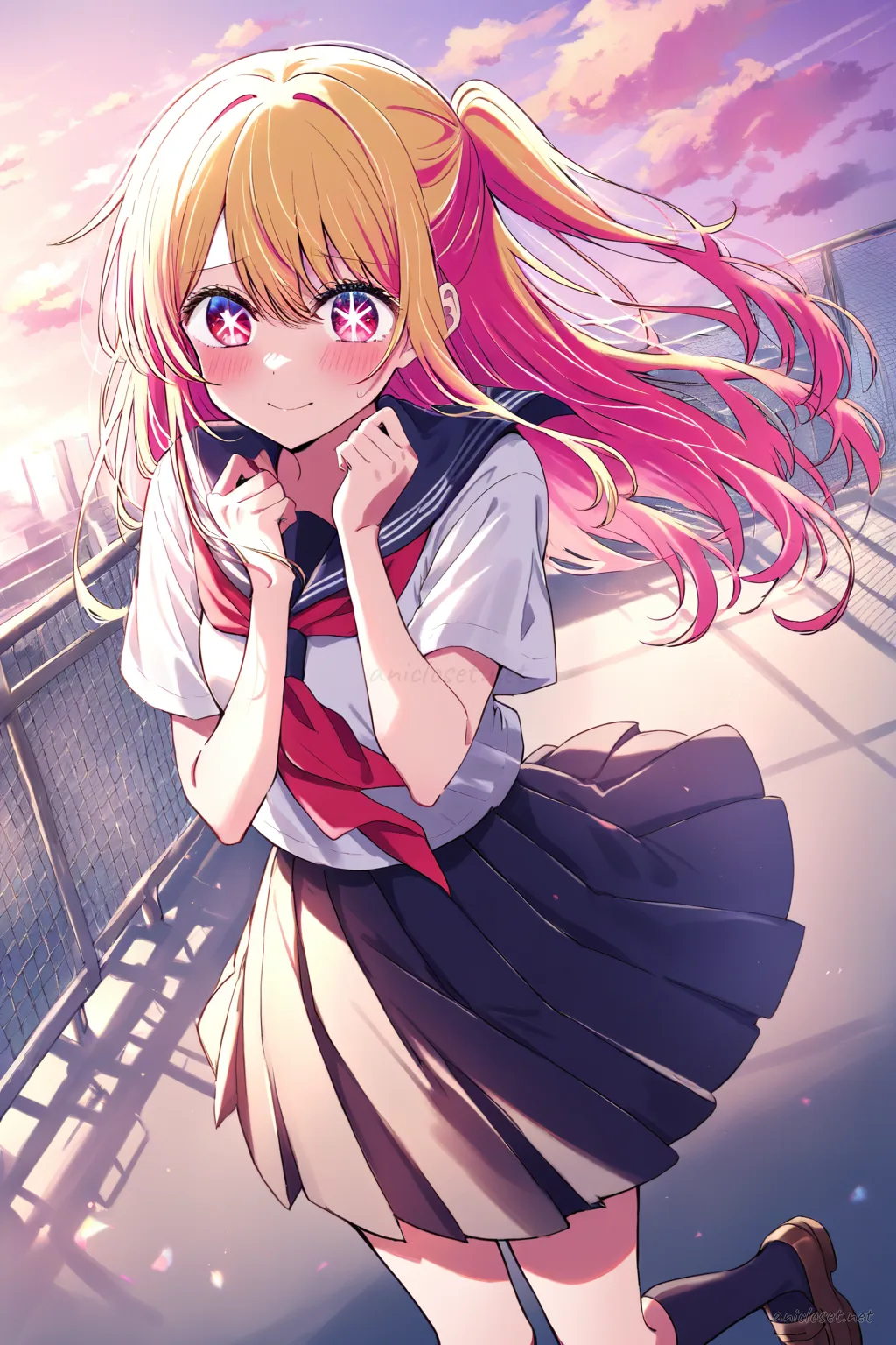 Illustration of Ruby Hoshino wearing navy sailor collar blouse, red neckerchief, navy pleated skirt, knee socks, and brown loafers