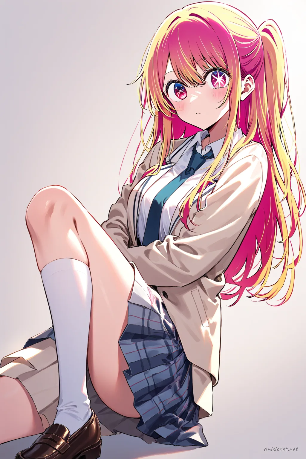 Full-body three-quarter view of Ruby Hoshino in beige blazer, white blouse, red necktie, navy pleated skirt, black thighhigh socks, and loafers