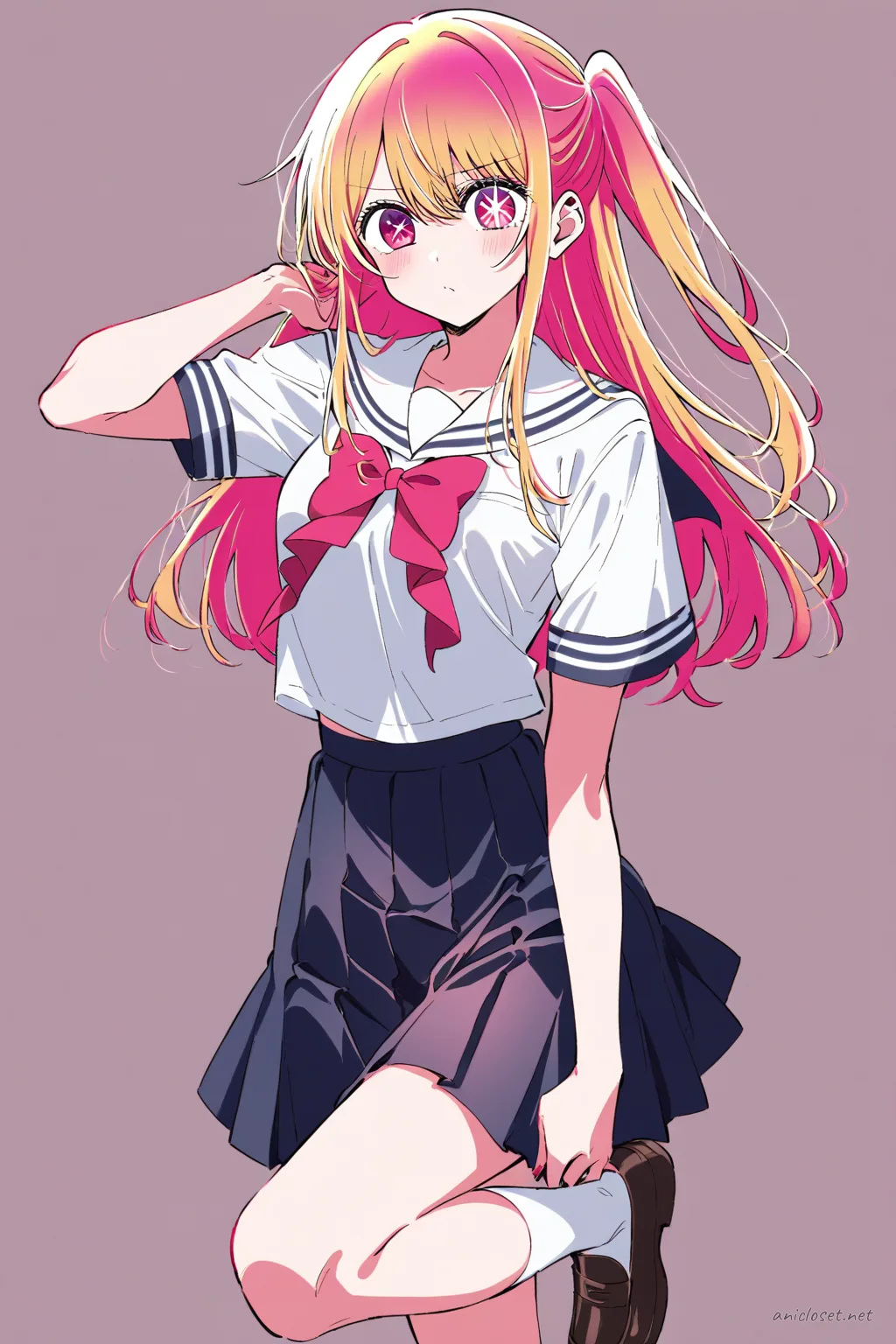 Full body front view of Ruby Hoshino in a simple summer sailor uniform with short sleeves, plain ribbon, pleated skirt, and loafers