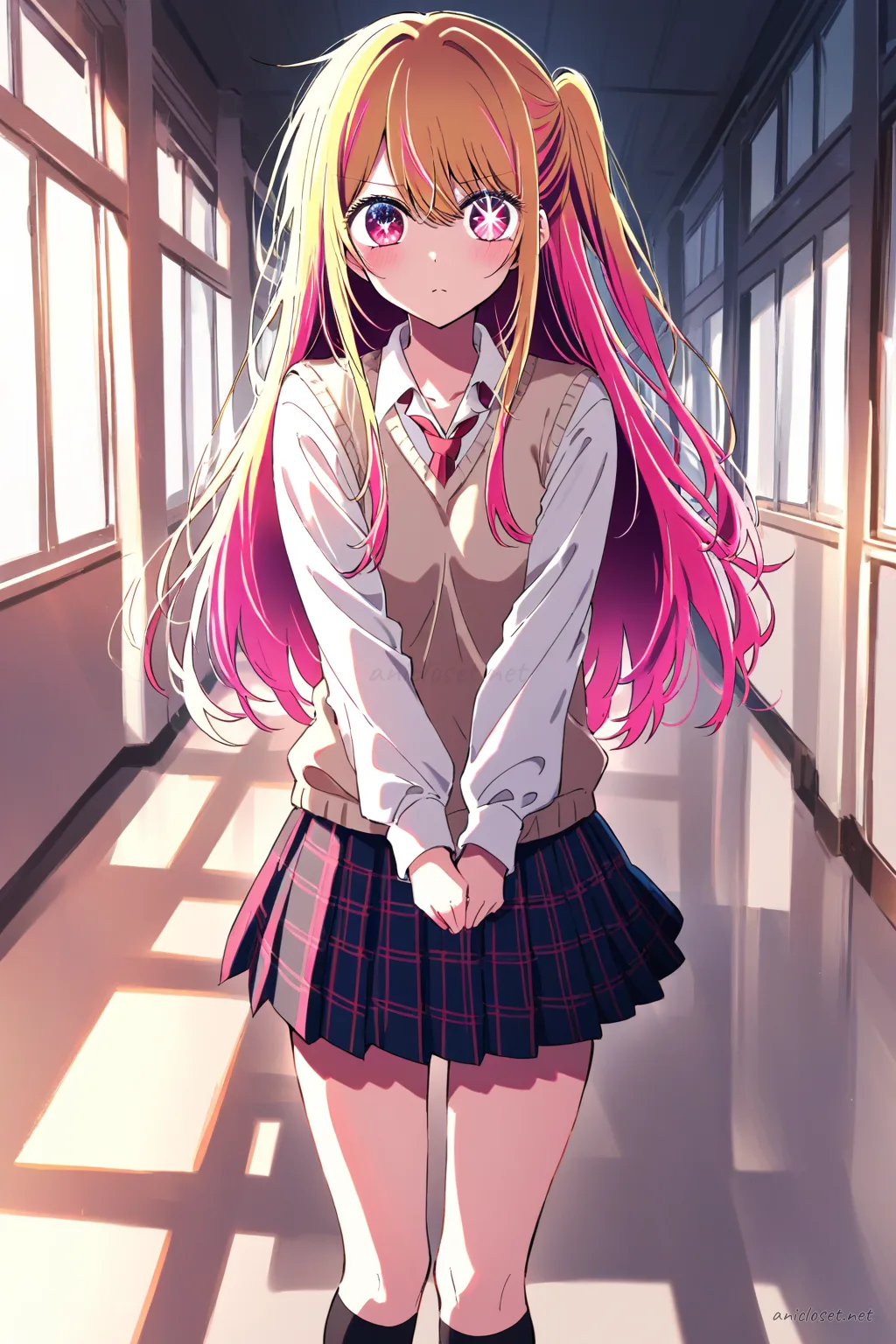 Illustration of Ruby Hoshino wearing a beige sweater vest over a white long sleeve shirt, red plaid pleated skirt, navy over-the-knee socks, and brown loafers