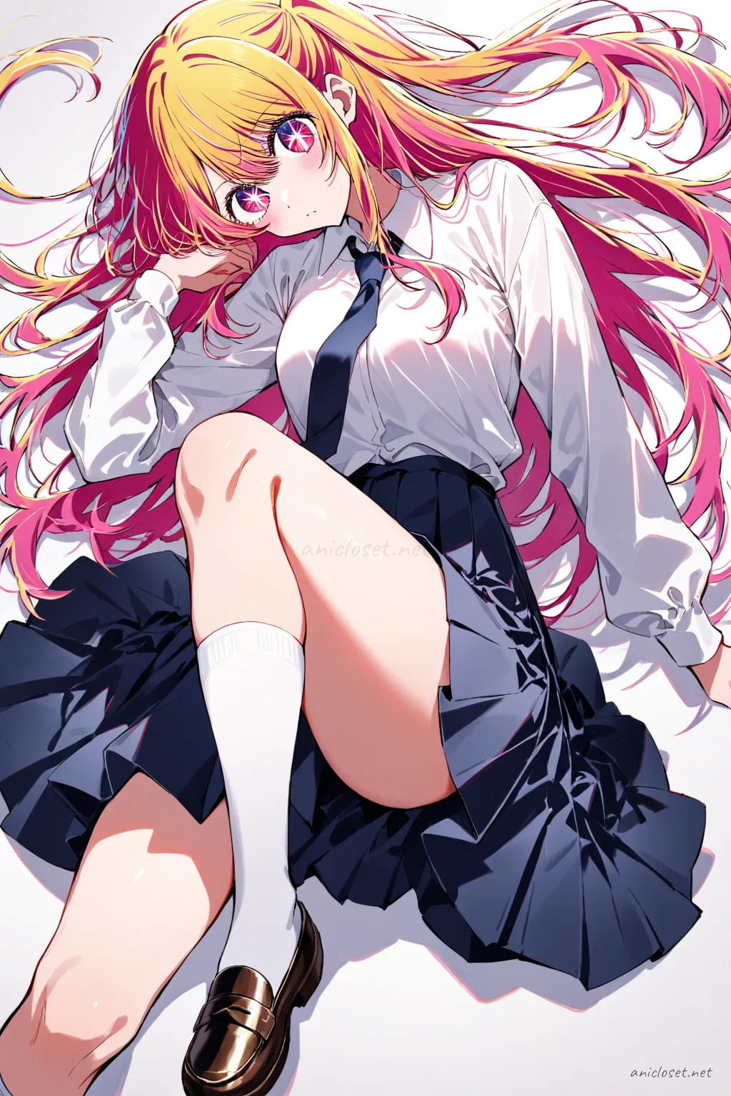 Full body illustration of Ruby Hoshino in school uniform with white blouse, navy tie, long pleated skirt, and loafers, standing