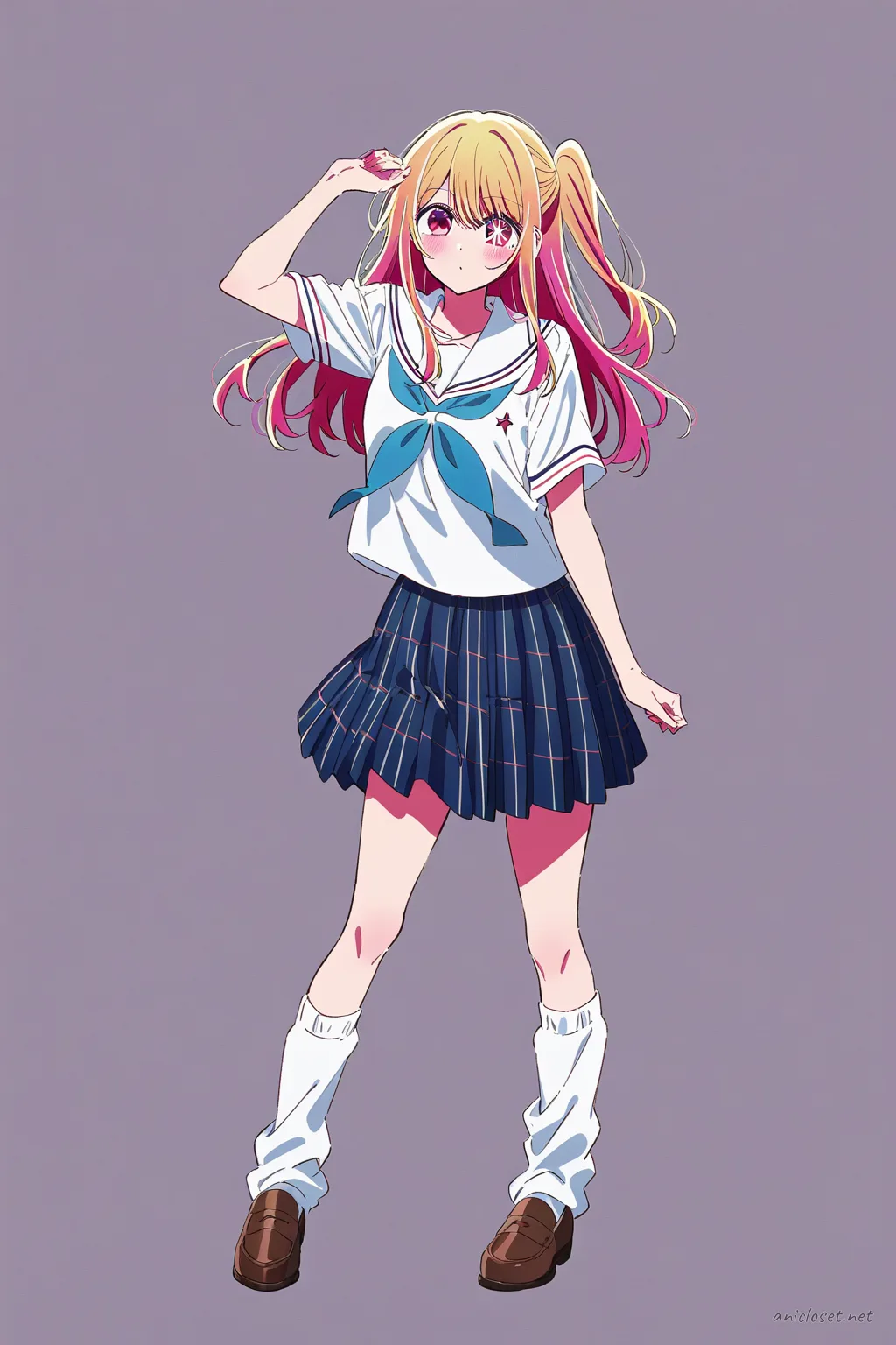 Full body illustration of Ruby Hoshino in school outfit with checkered sailor collar, pleated skirt, white blouse, loose socks, and loafers, standing