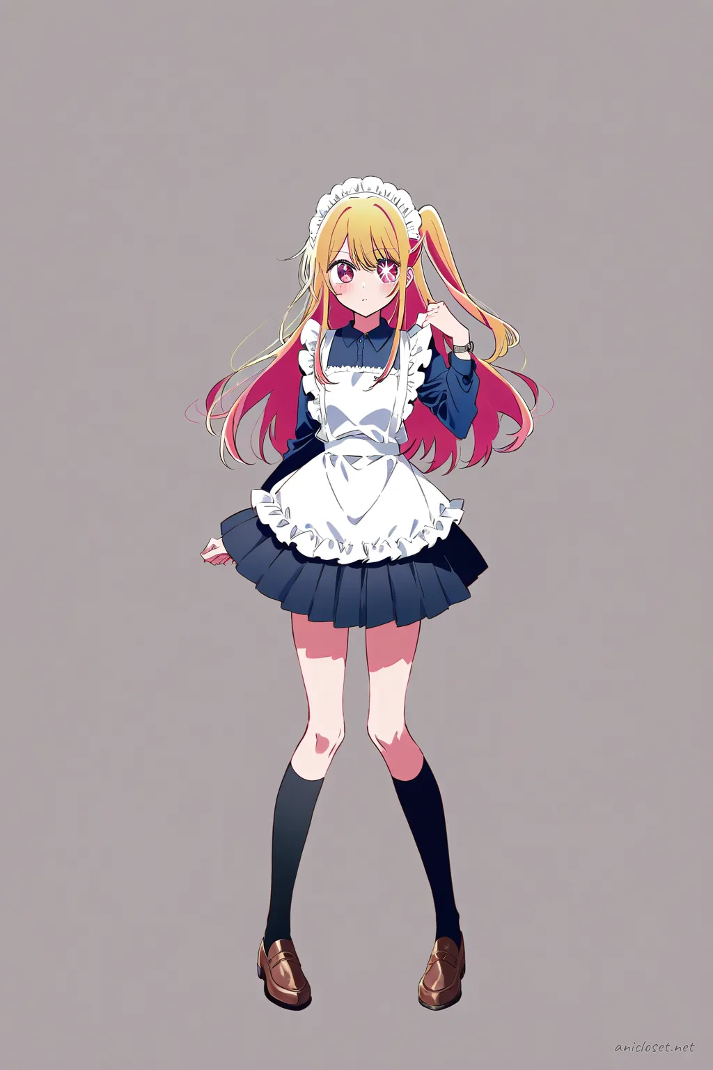 Illustration of Ruby Hoshino wearing a white blouse, black pleated skirt, maid apron, lace headband, knee socks, and mary janes