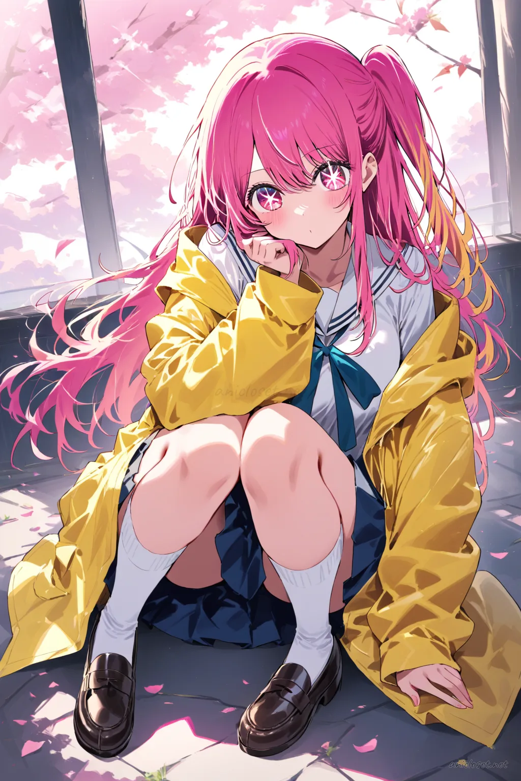 Full-body three-quarter view of Ruby Hoshino wearing a lightweight yellow raincoat over a white sailor collar and navy pleated skirt, knee high socks, and brown loafers