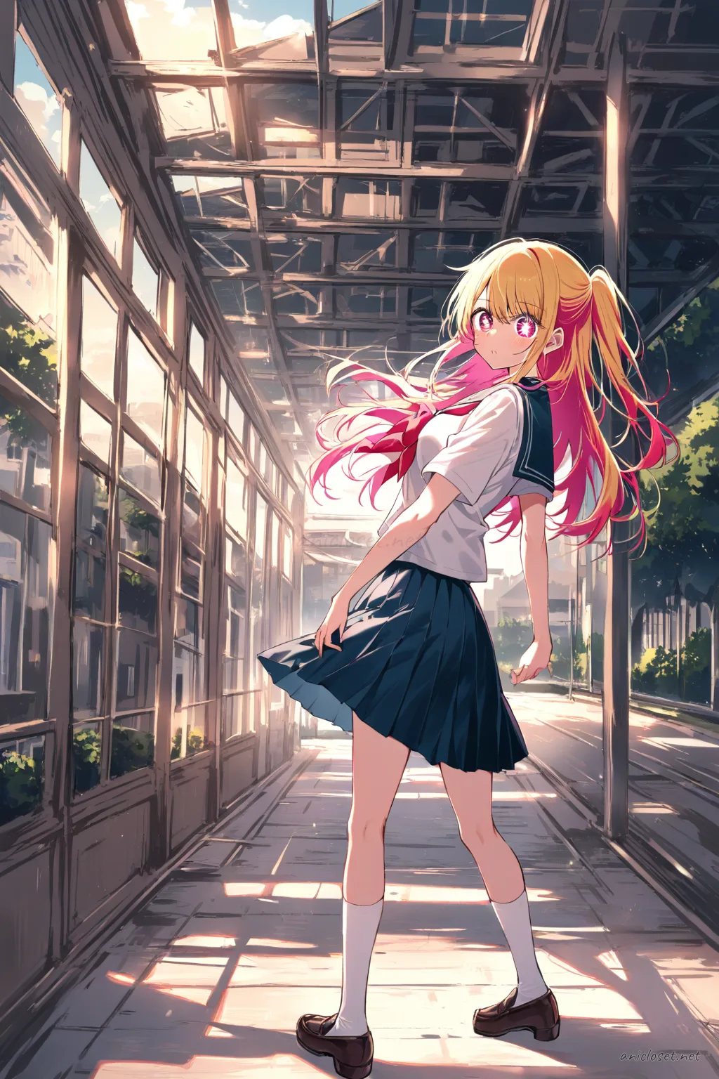 Full-body illustration of Ruby Hoshino in a classic sailor-style school uniform with a neat bow, pleated skirt, knee socks, and loafers, posed outdoors in a school courtyard with soft golden hour lighting and a gentle breeze.