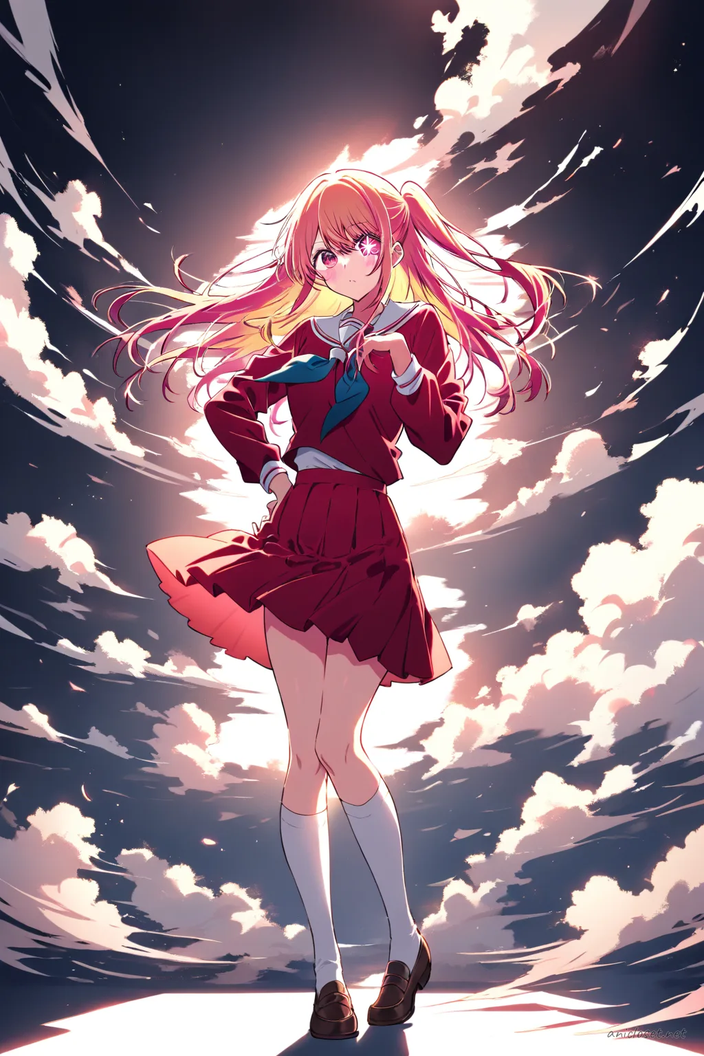 Full-body illustration of Ruby Hoshino in red sailor uniform with white collar and blue neckerchief, standing with hand on hip against clean studio backdrop with golden-hour backlight and floating dust motes