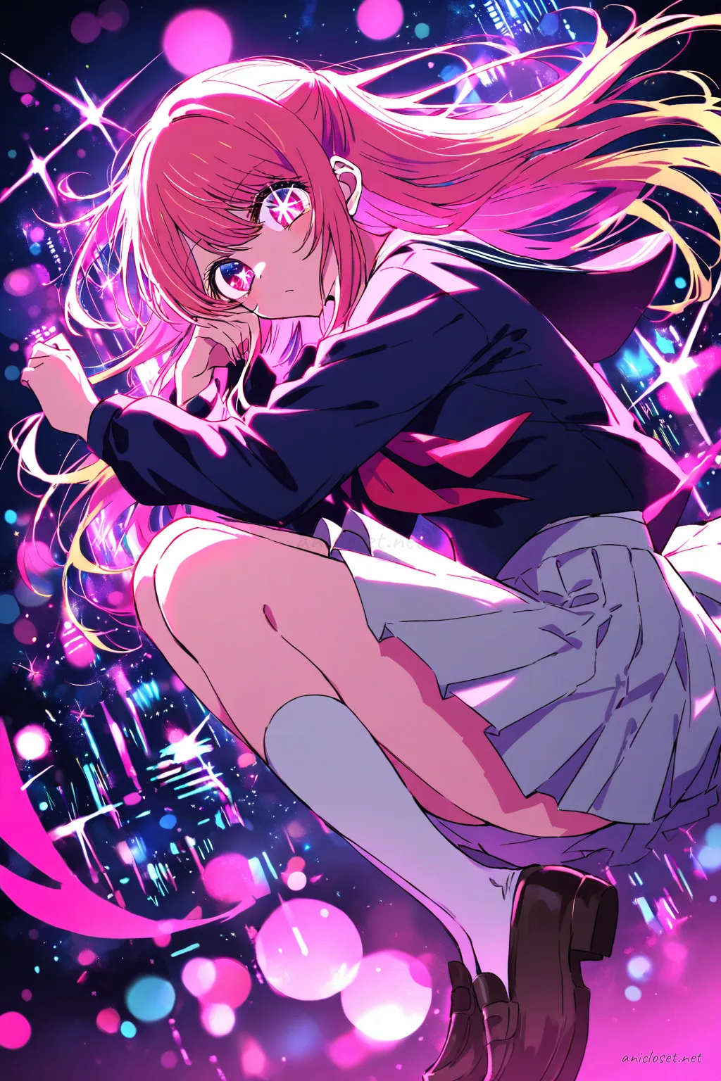 Full-body front view of Ruby Hoshino in her iconic official costume with long sleeves, sailor collar, pleated skirt, knee-high socks, and loafers against neon city night bokeh background